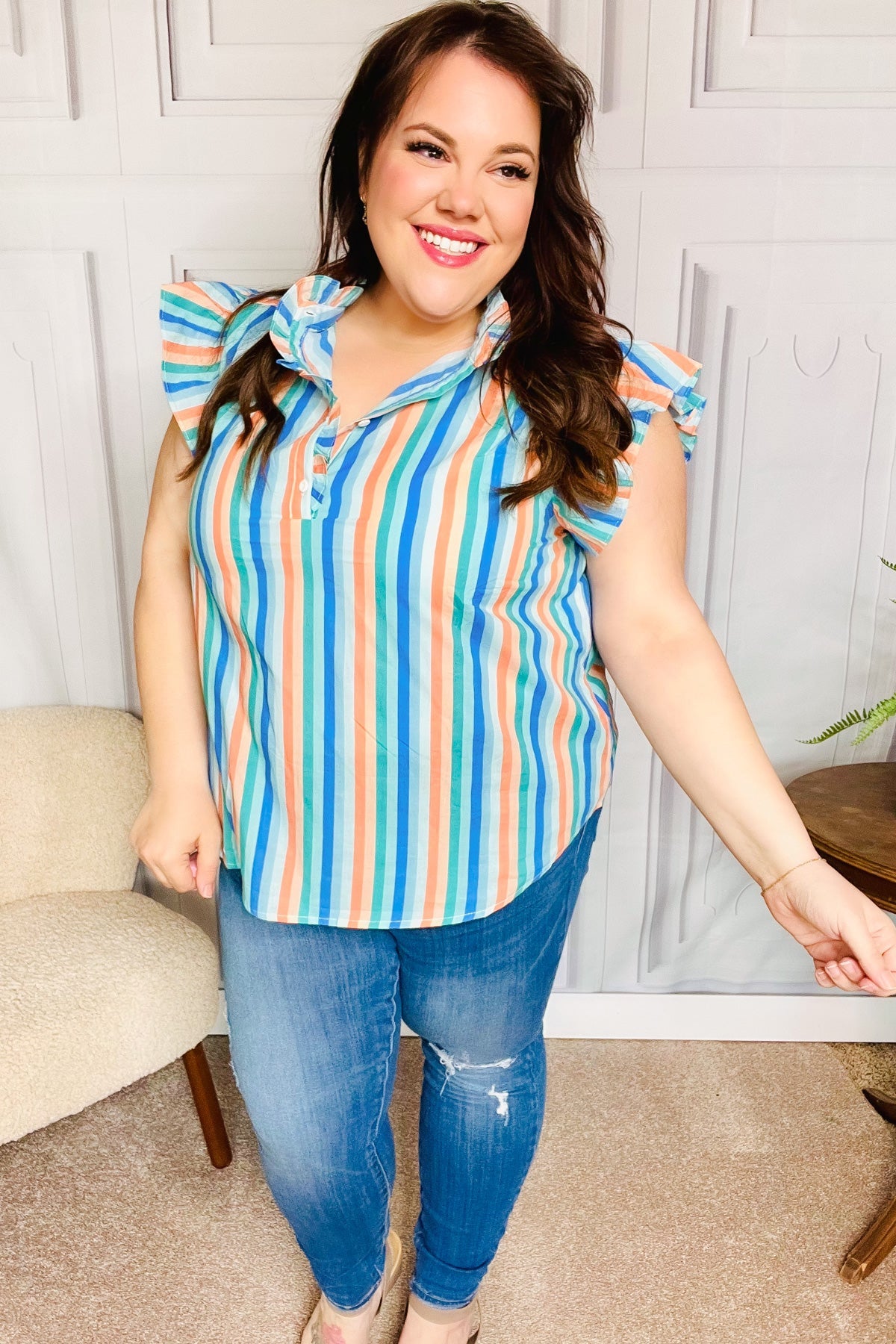 One To Beat Striped Frill Button Down Top