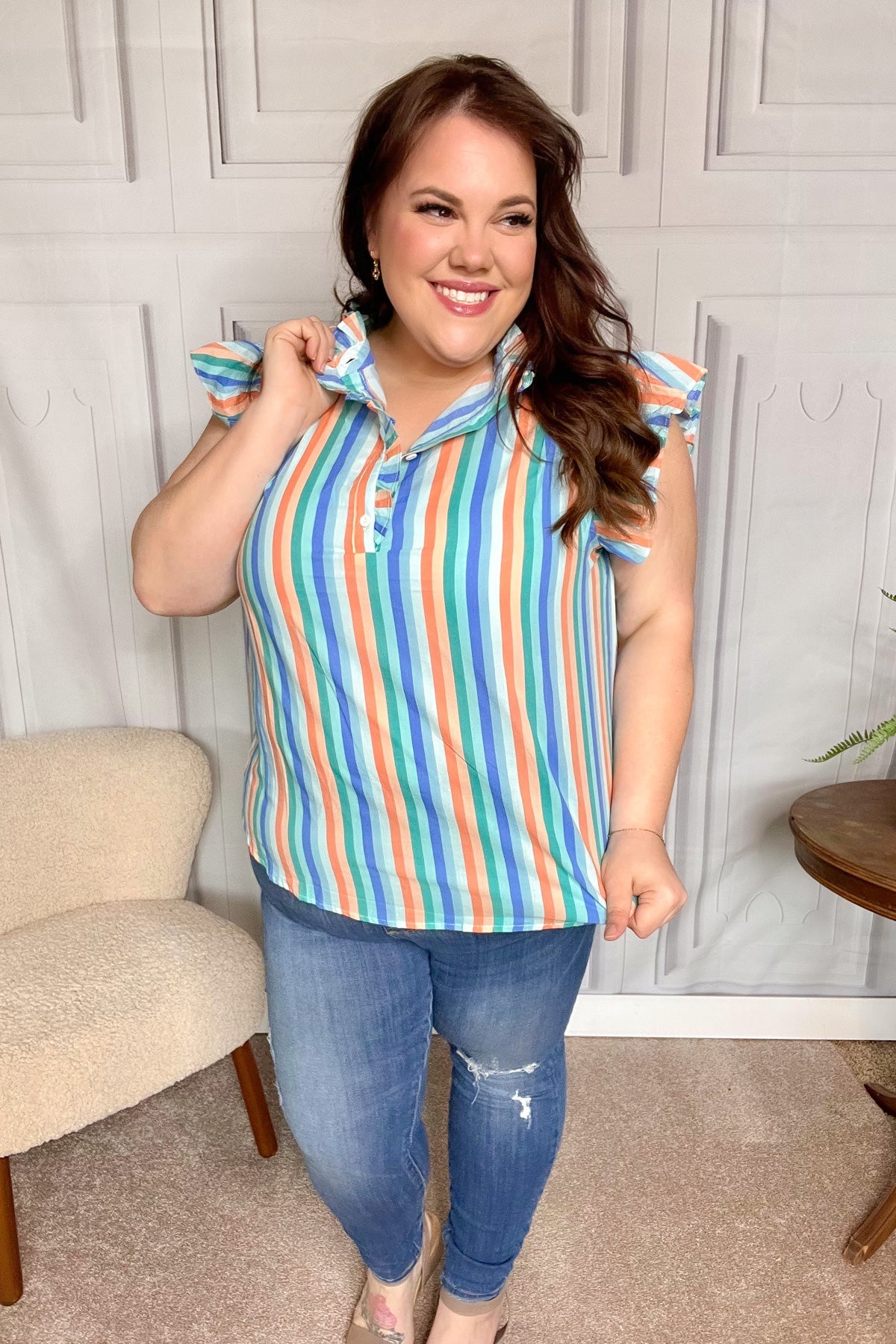 One To Beat Striped Frill Button Down Top