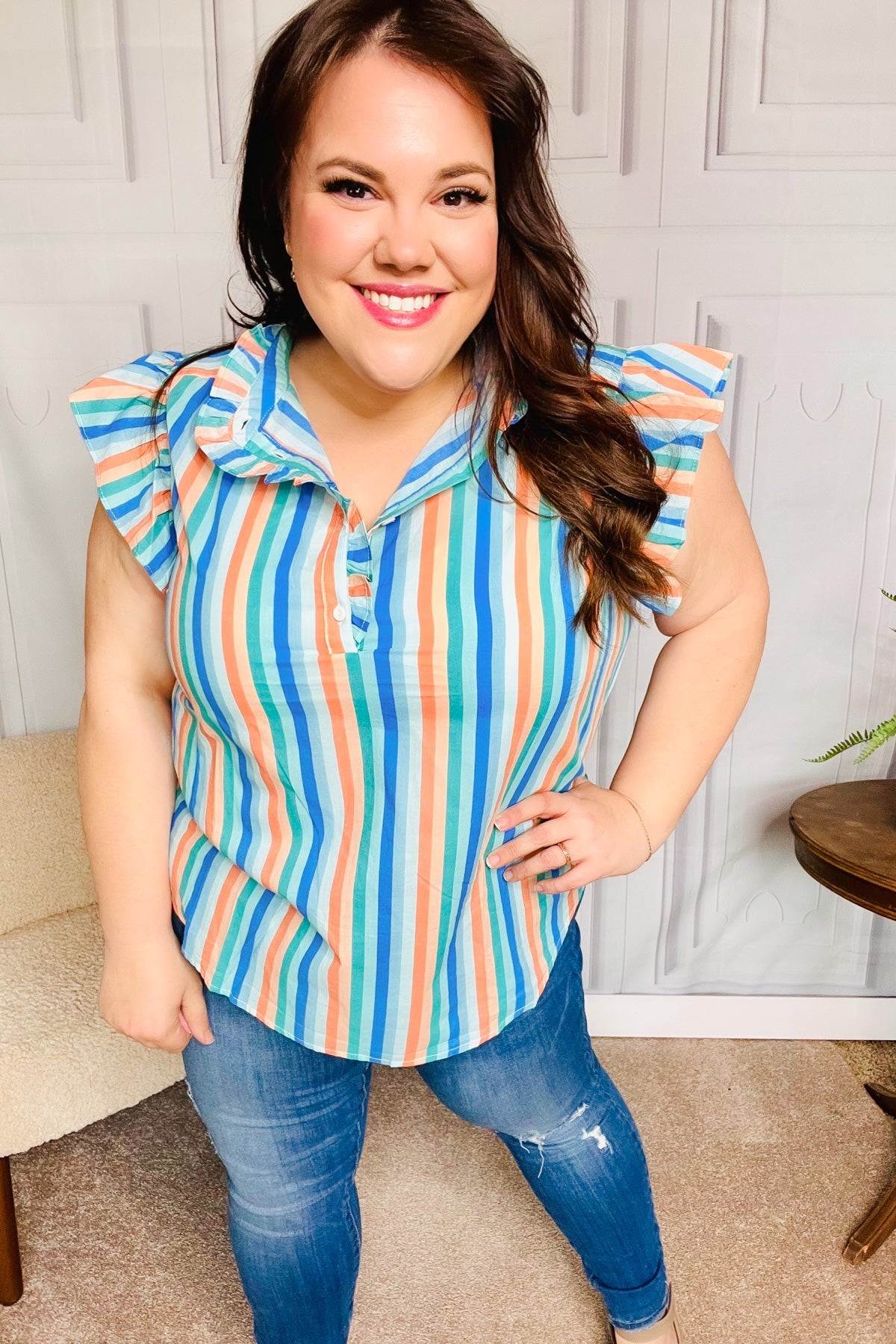 One To Beat Striped Frill Button Down Top