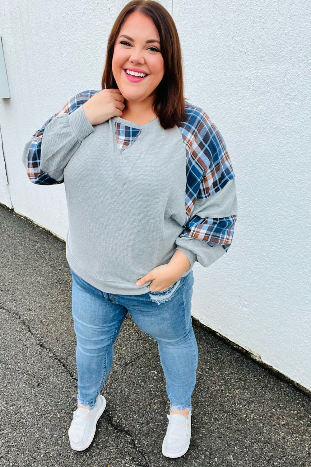 Face The Day Plaid Thermal Raglan Pullover