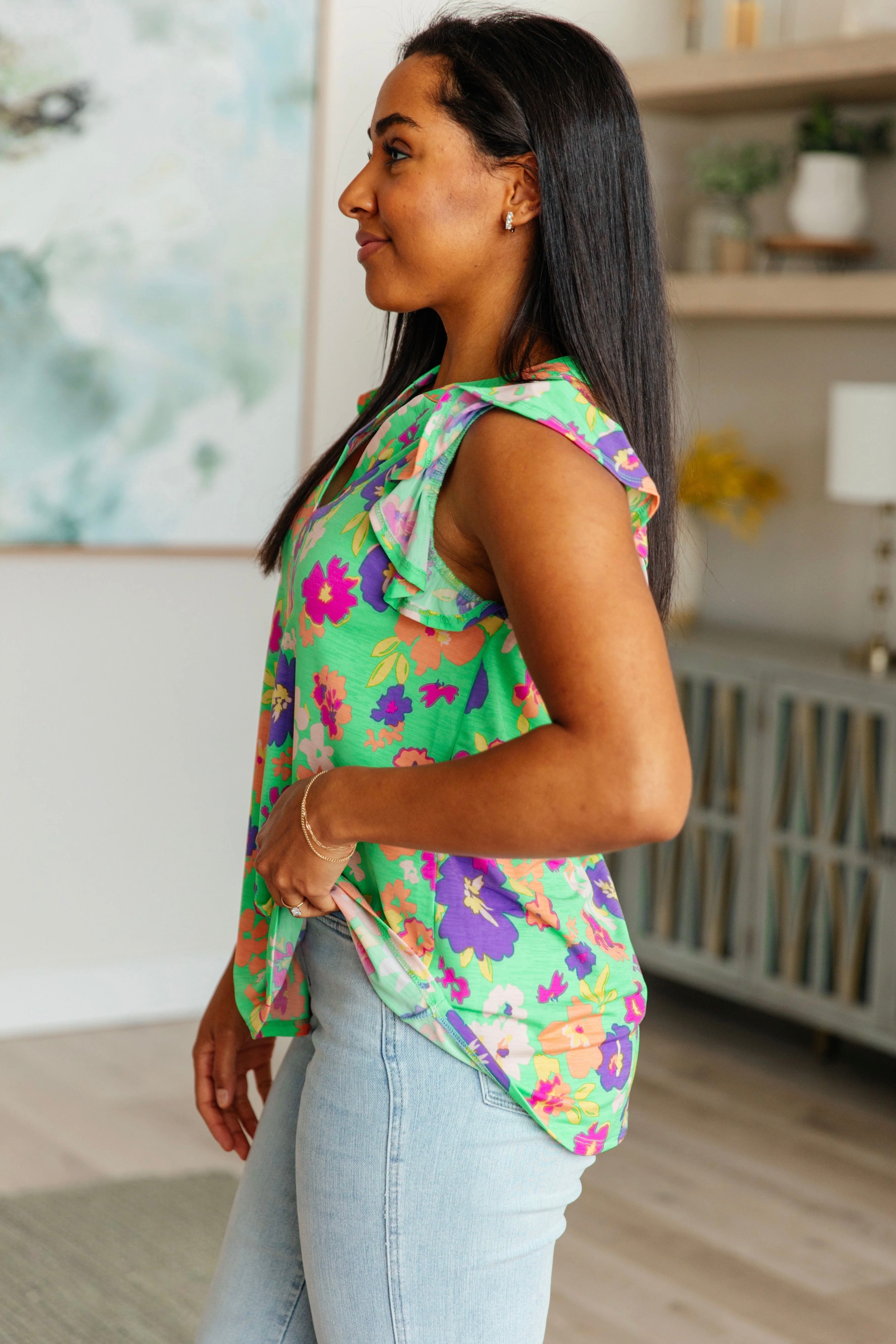 Lizzy Flutter Sleeve Top • Emerald and Purple Floral