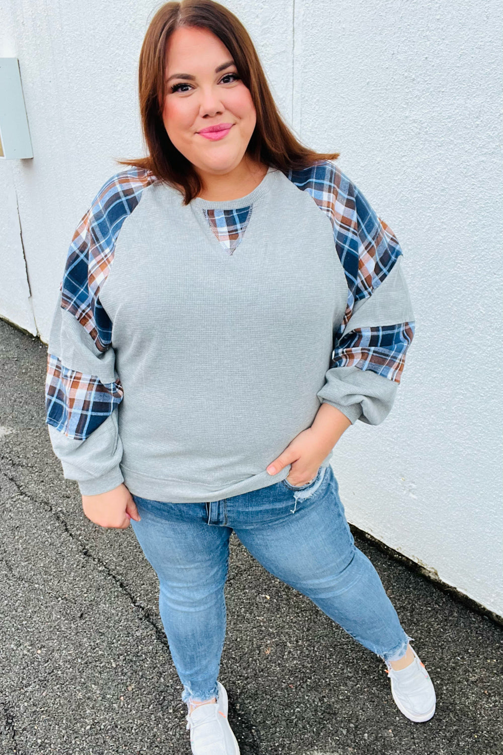 Face The Day Plaid Thermal Raglan Pullover