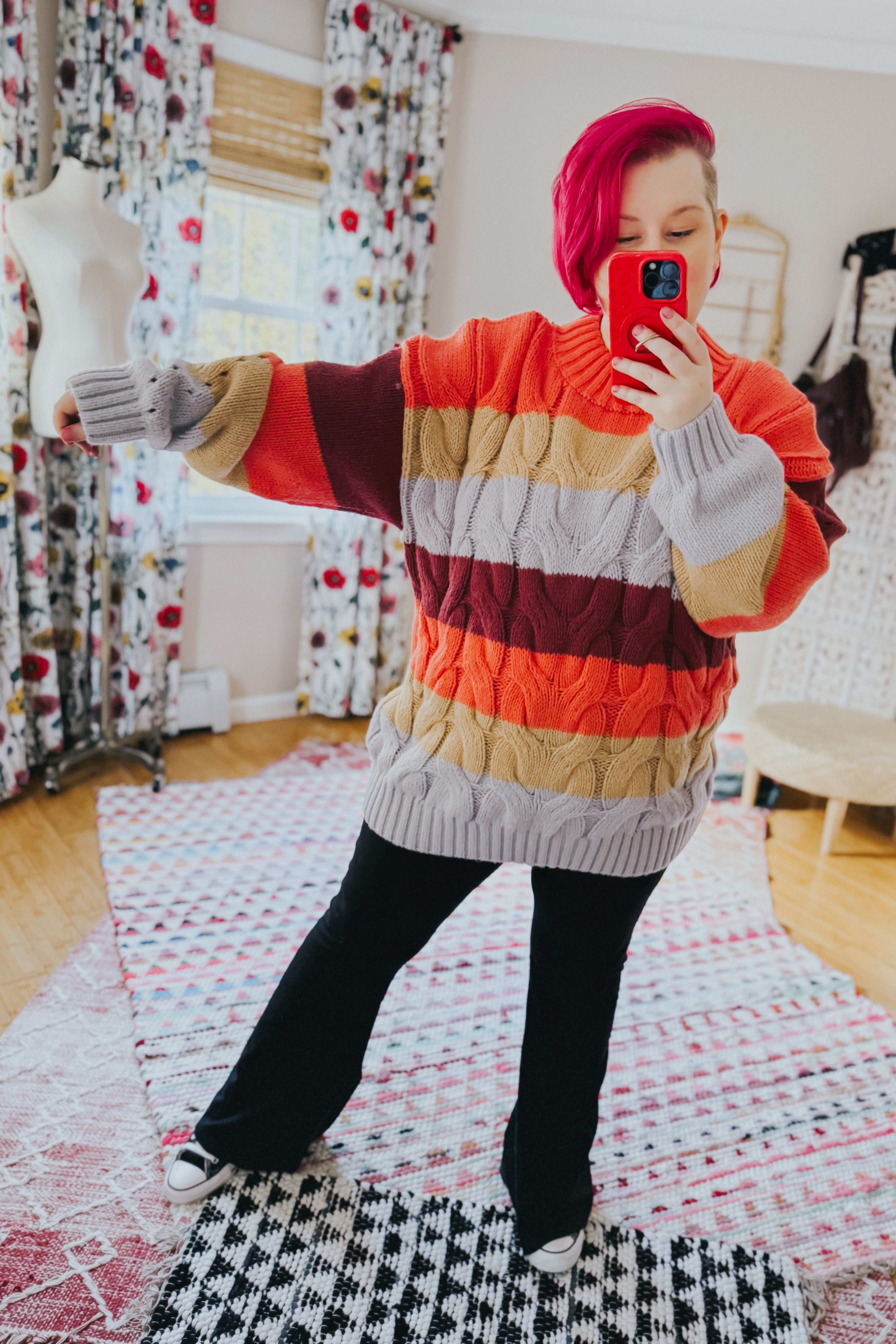 Your Blessings Stripe Cable Knit Mock Neck Sweater • Rust