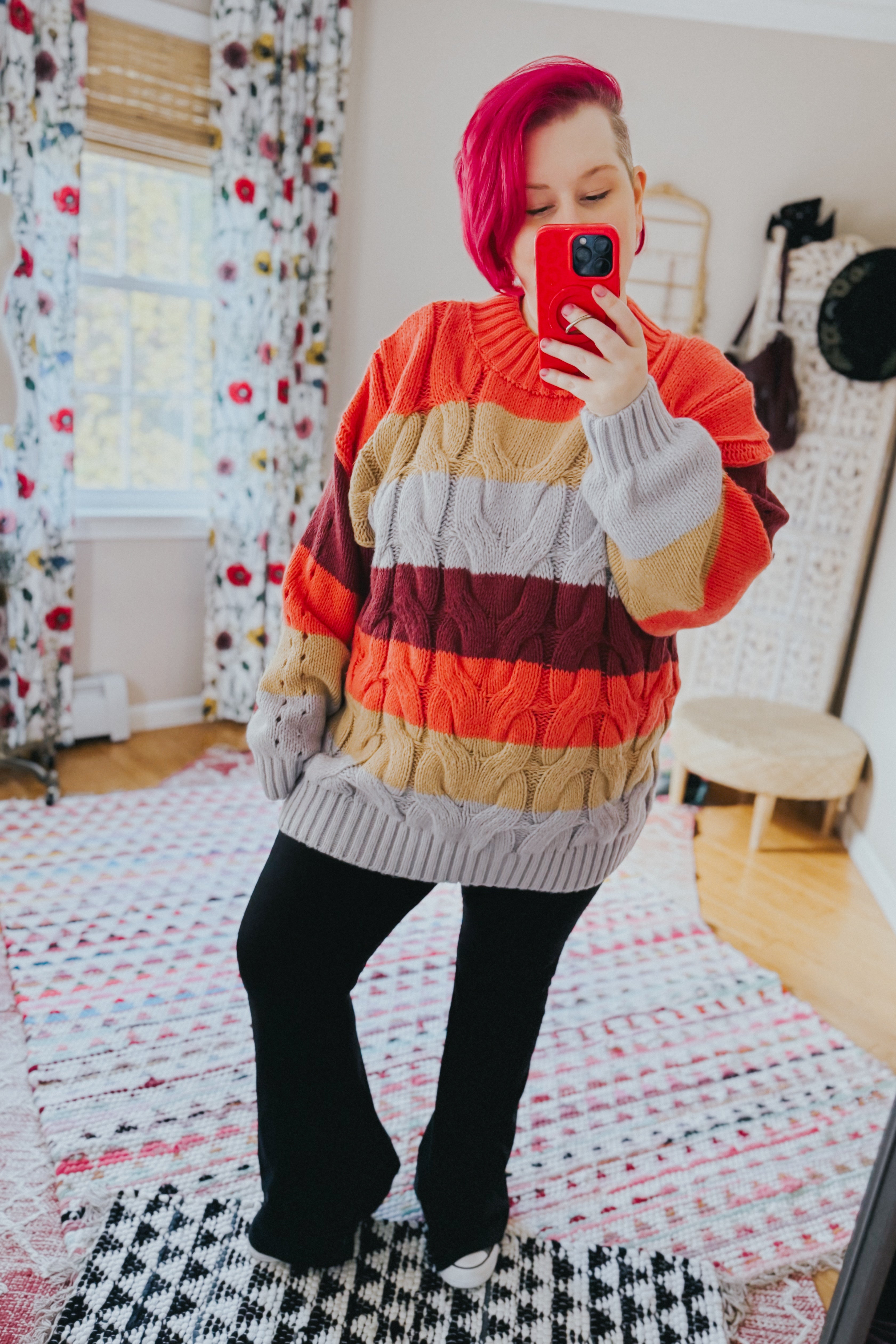 Your Blessings Stripe Cable Knit Mock Neck Sweater • Rust