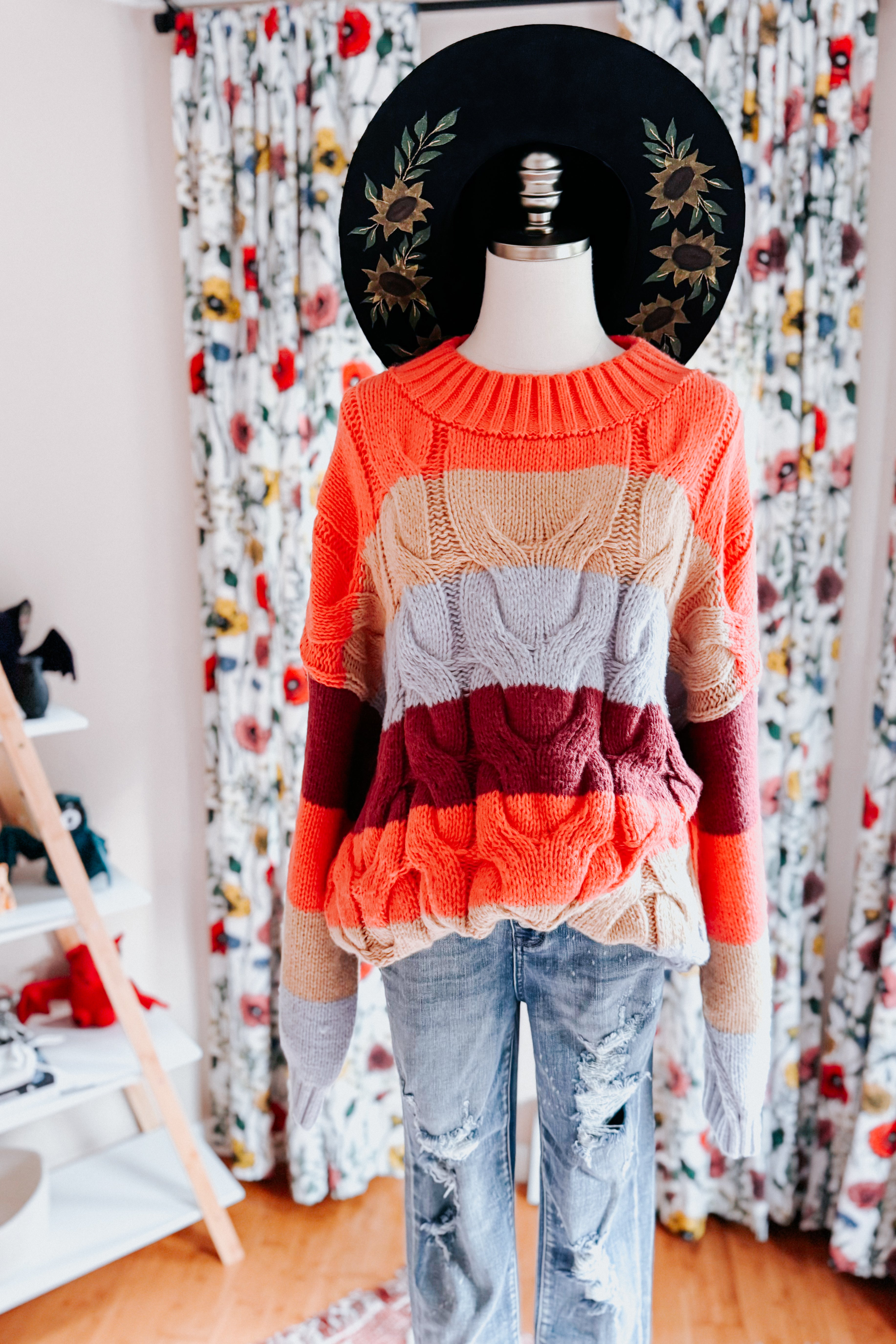 Your Blessings Stripe Cable Knit Mock Neck Sweater • Rust