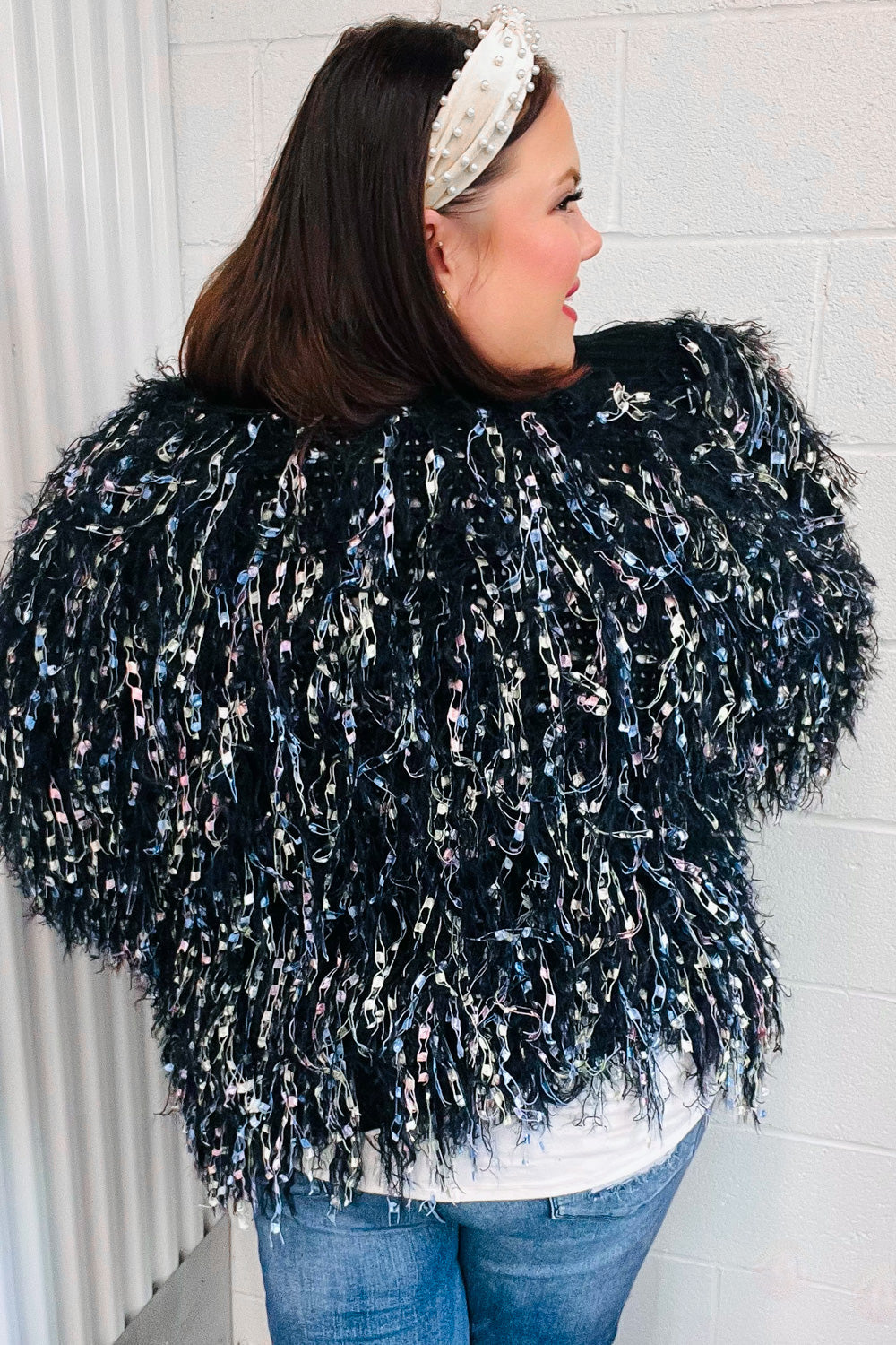 Dazzling Sequin Fuzzy Fringe Knit Cardigan