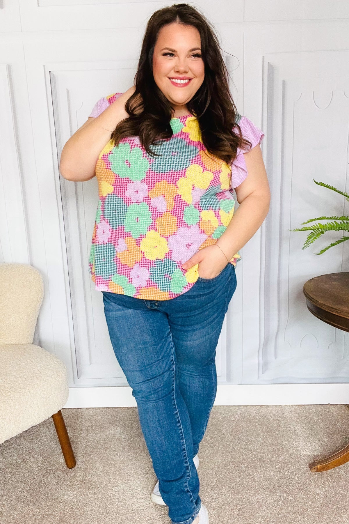 Mindy Floral Textured Ruffle Sleeve Top