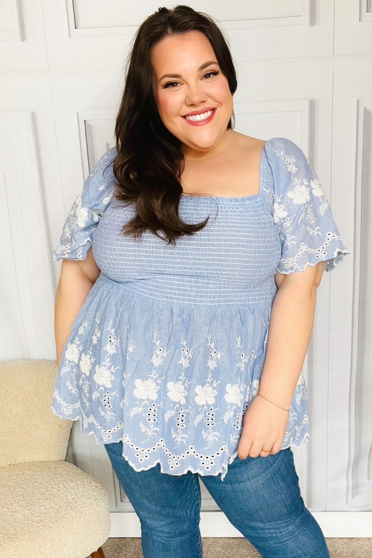 Just A Dream Smocked Embroidered Babydoll Top