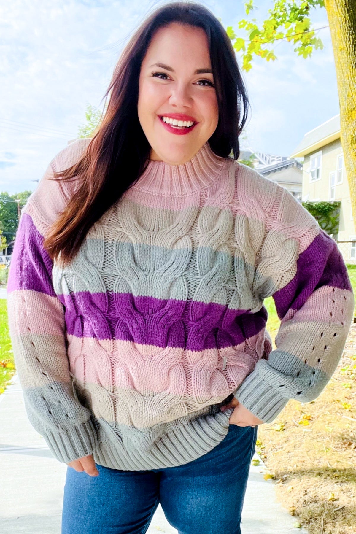 Your Blessings Stripe Cable Knit Mock Neck Sweater • Mauve