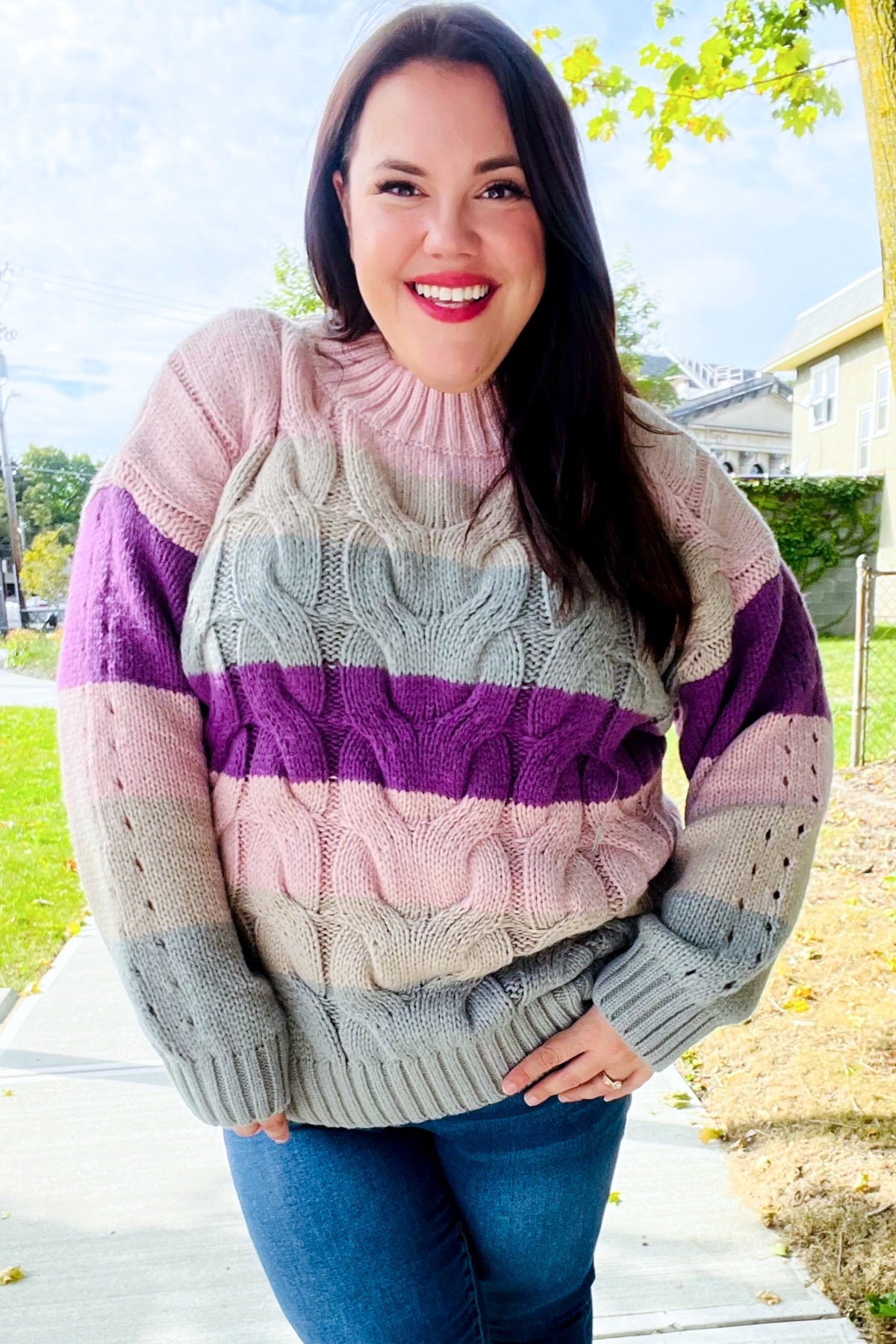 Your Blessings Stripe Cable Knit Mock Neck Sweater • Mauve