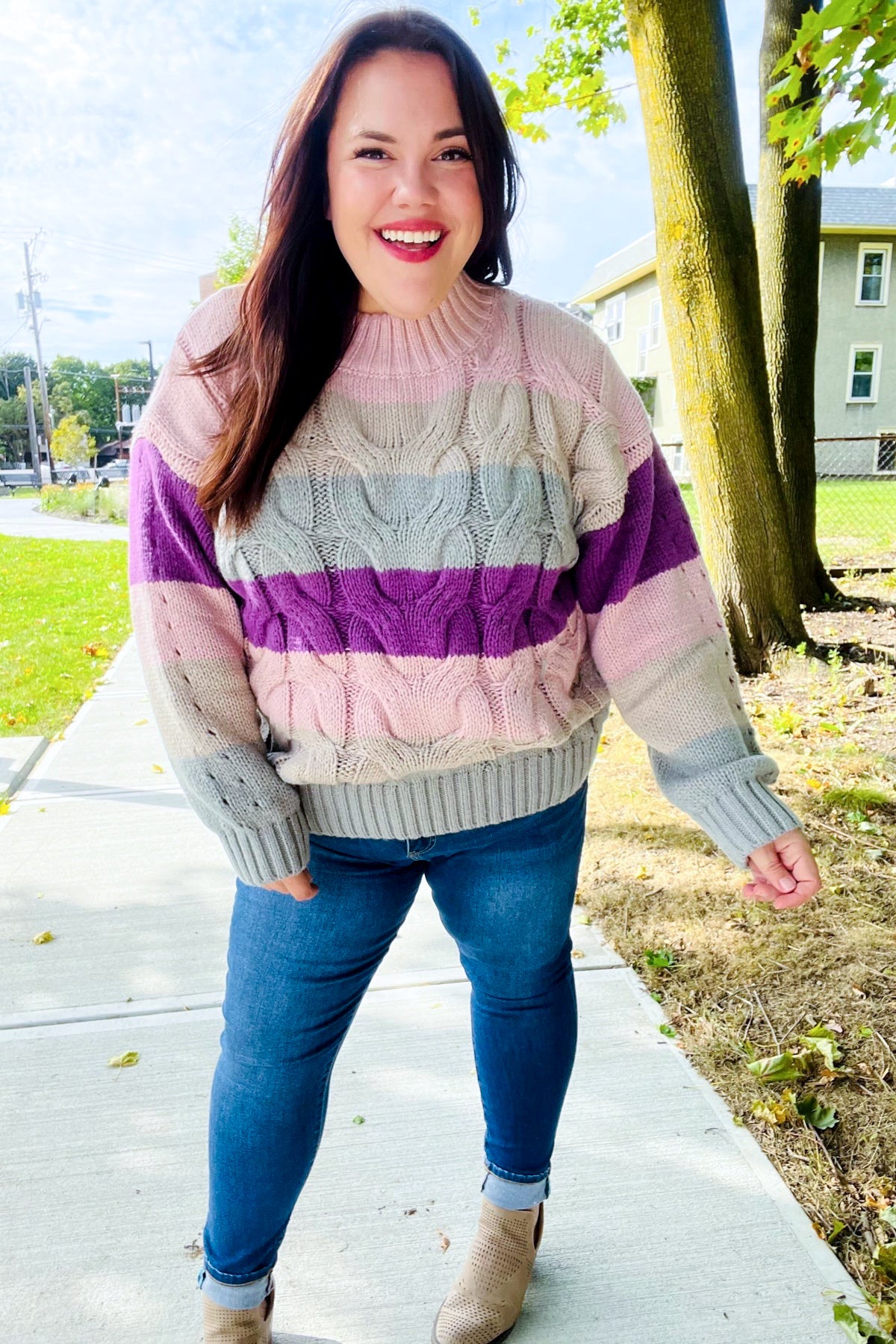 Your Blessings Stripe Cable Knit Mock Neck Sweater • Mauve