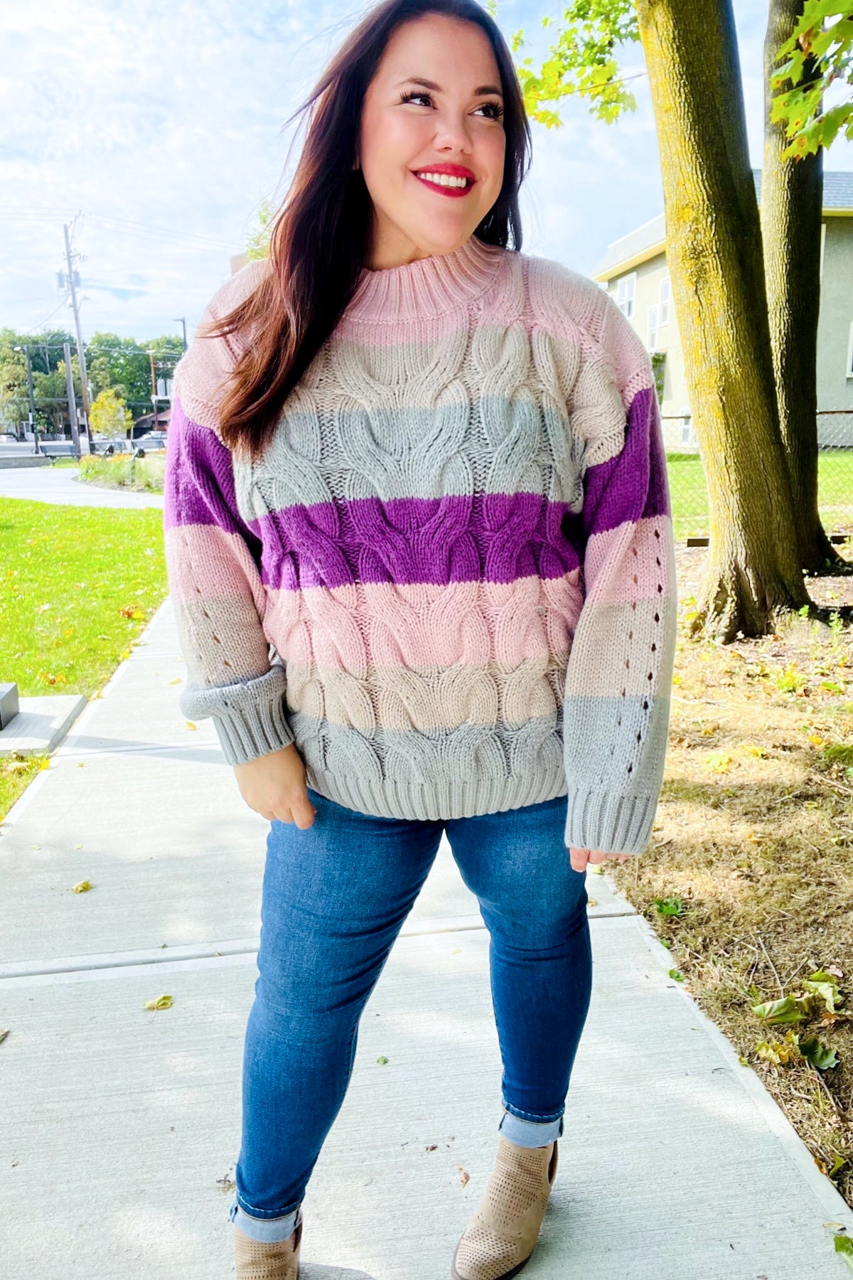 Your Blessings Stripe Cable Knit Mock Neck Sweater • Mauve