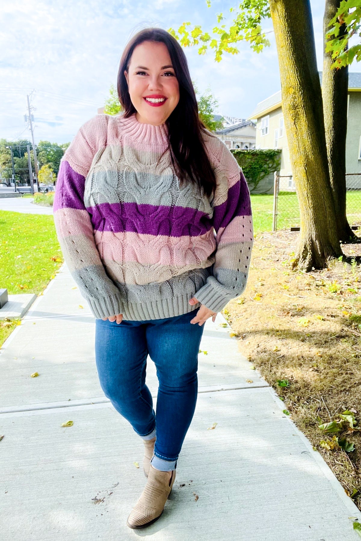 Your Blessings Stripe Cable Knit Mock Neck Sweater • Mauve