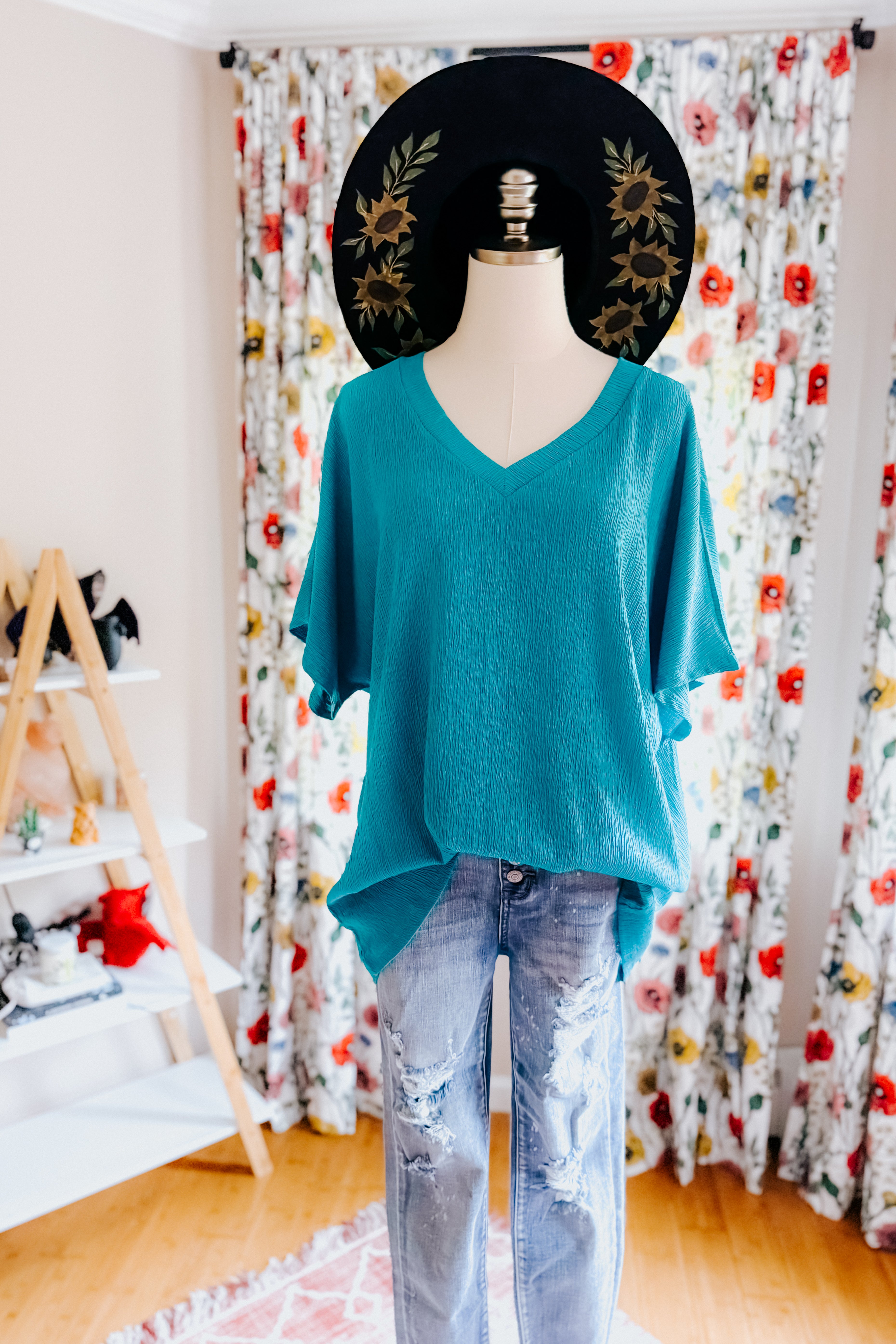 Trial and Error Textured V-Neck Blouse • Teal