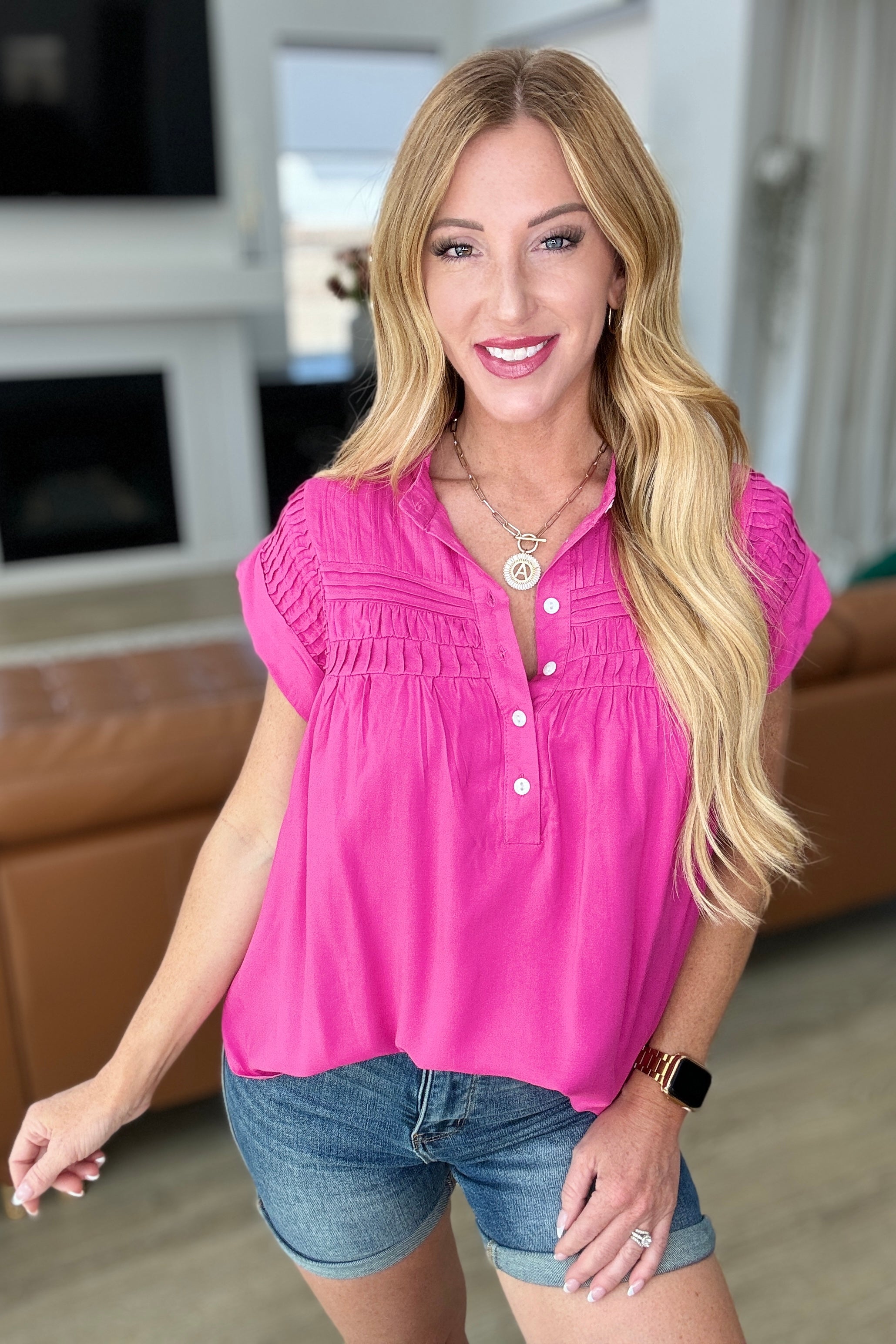 Pleat Detail Button Up Blouse • Hot Pink