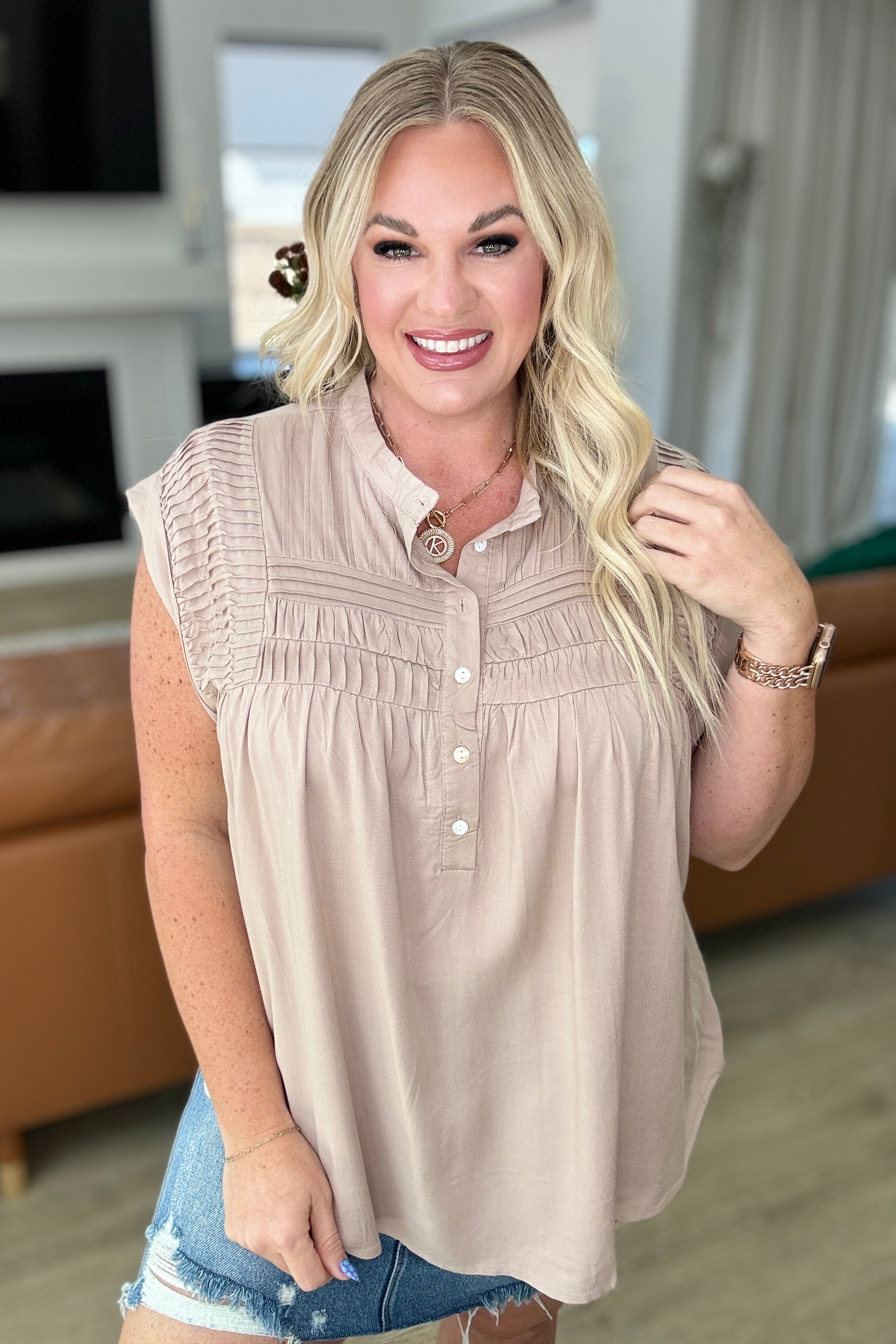 Pleat Detail Button Up Blouse • Taupe