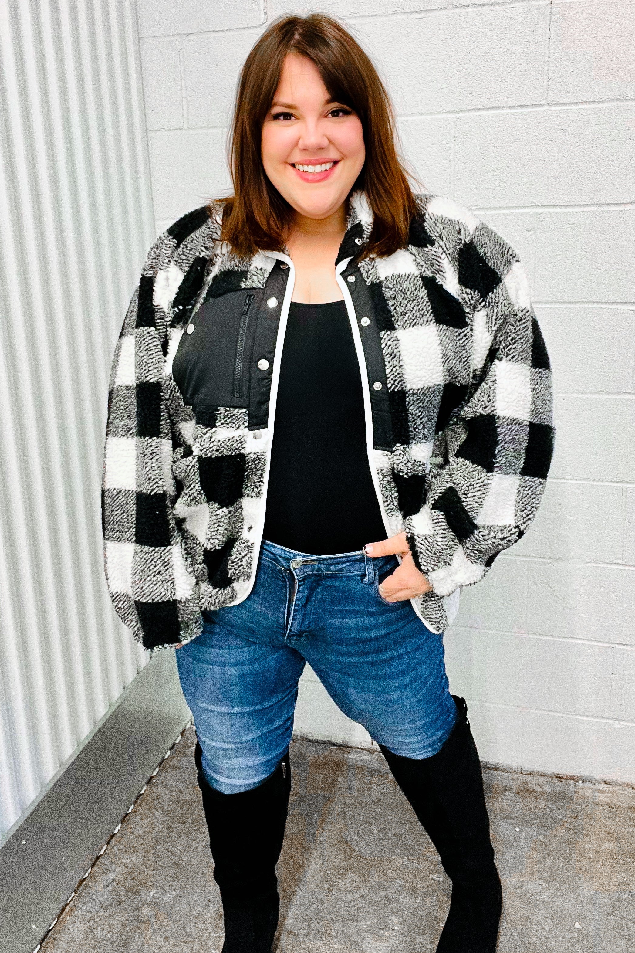 It's Your Best Plaid Sherpa Button Down Jacket • Black & White