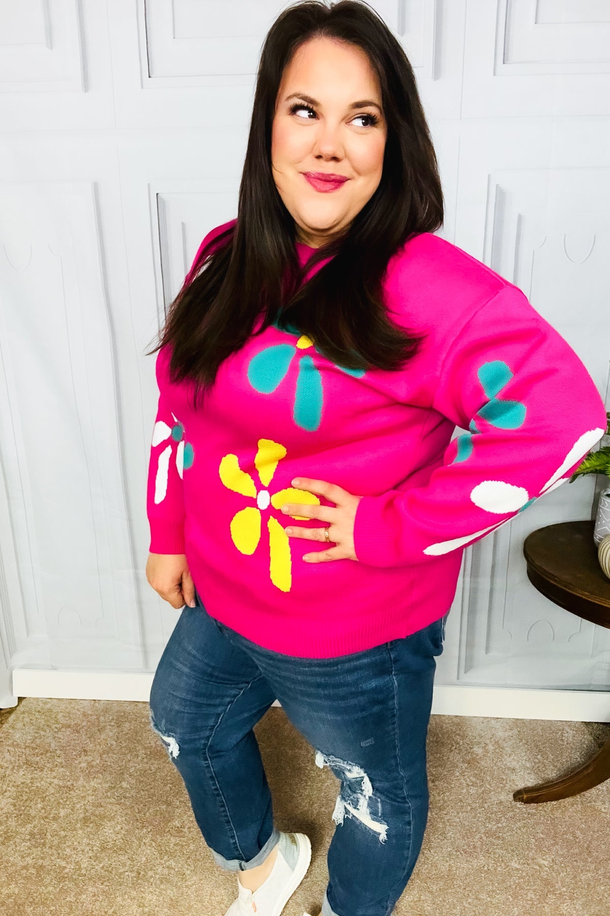 Flower Power Daisy Jacquard Pullover Sweater • Hot Pink