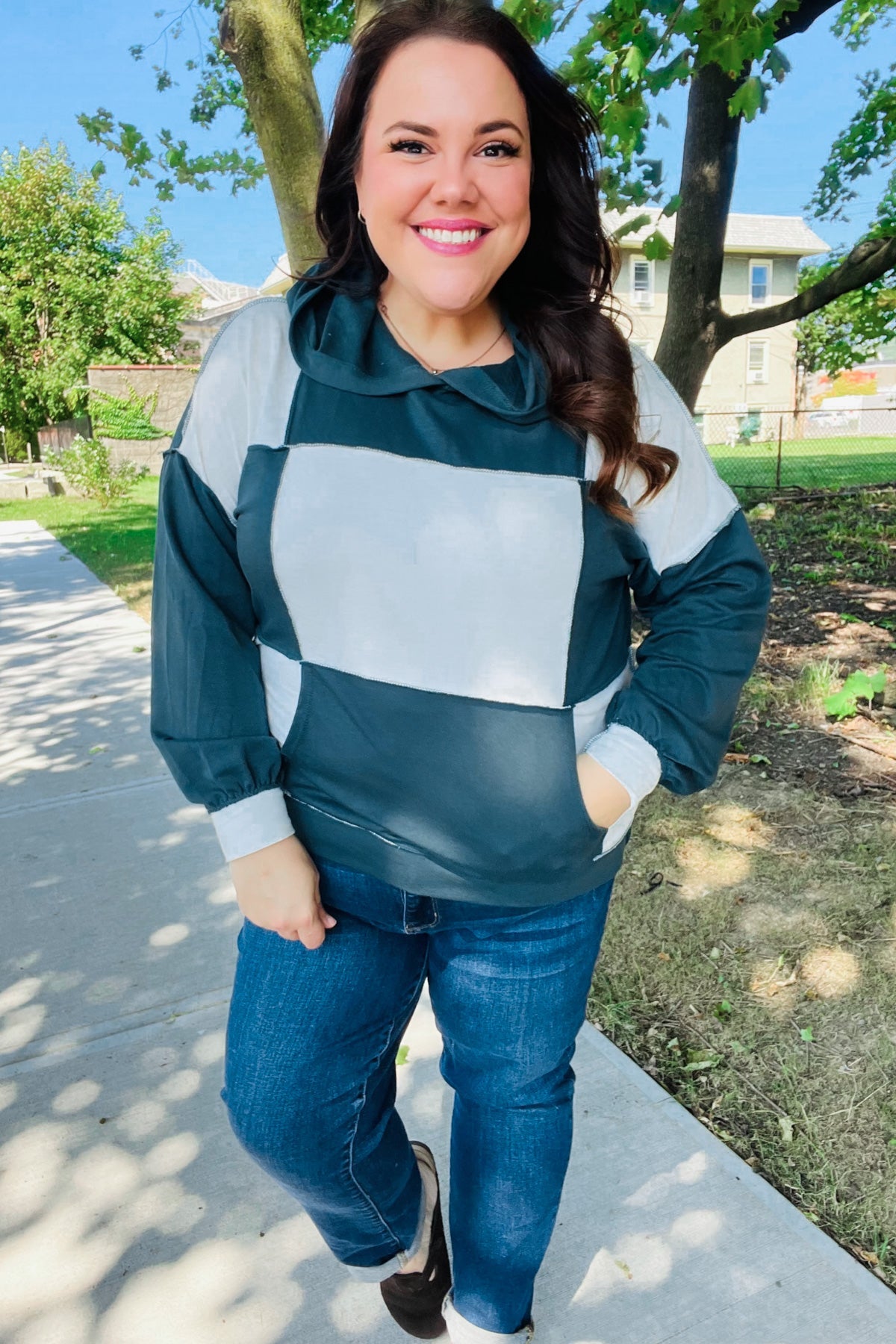 Heart Open Color Block Terry Knit Hoodie