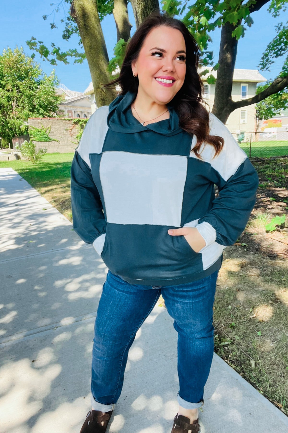Heart Open Color Block Terry Knit Hoodie