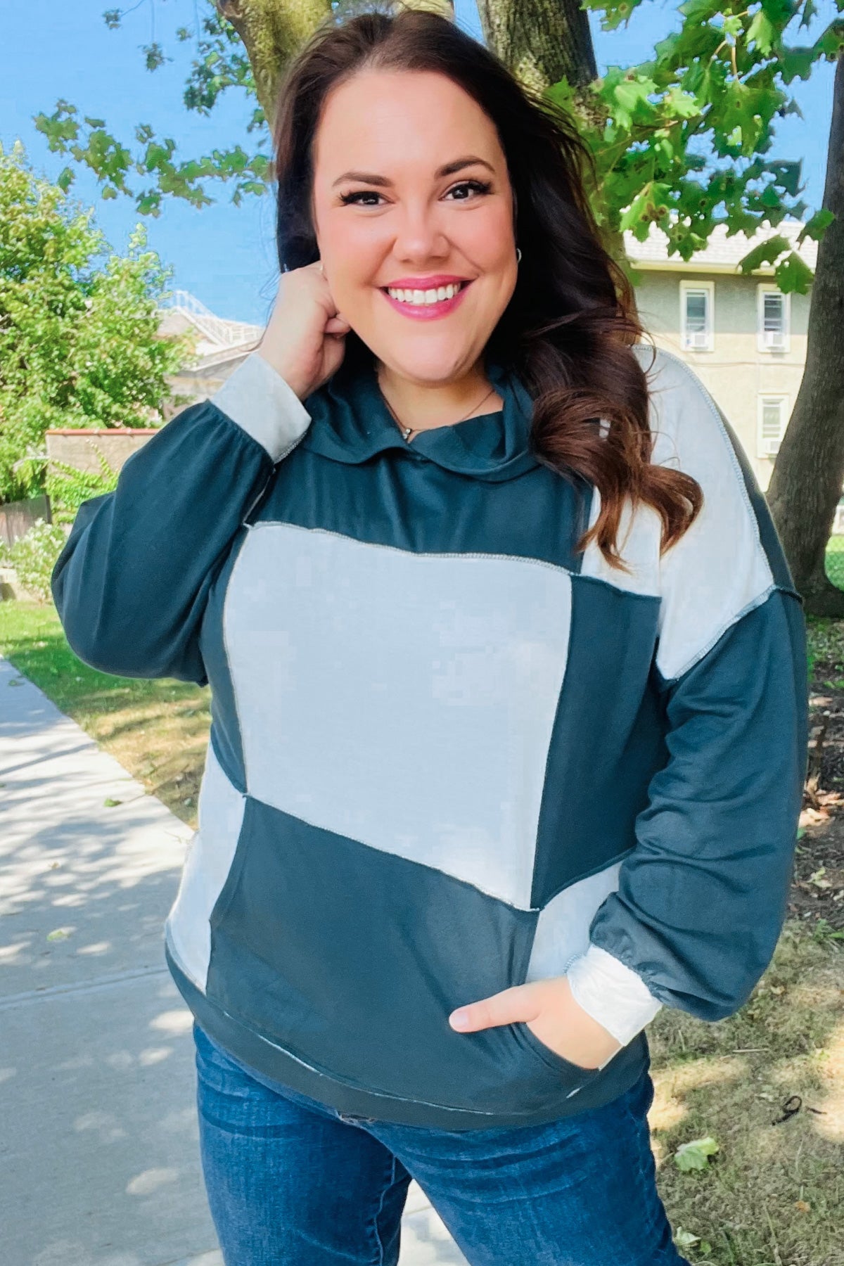 Heart Open Color Block Terry Knit Hoodie