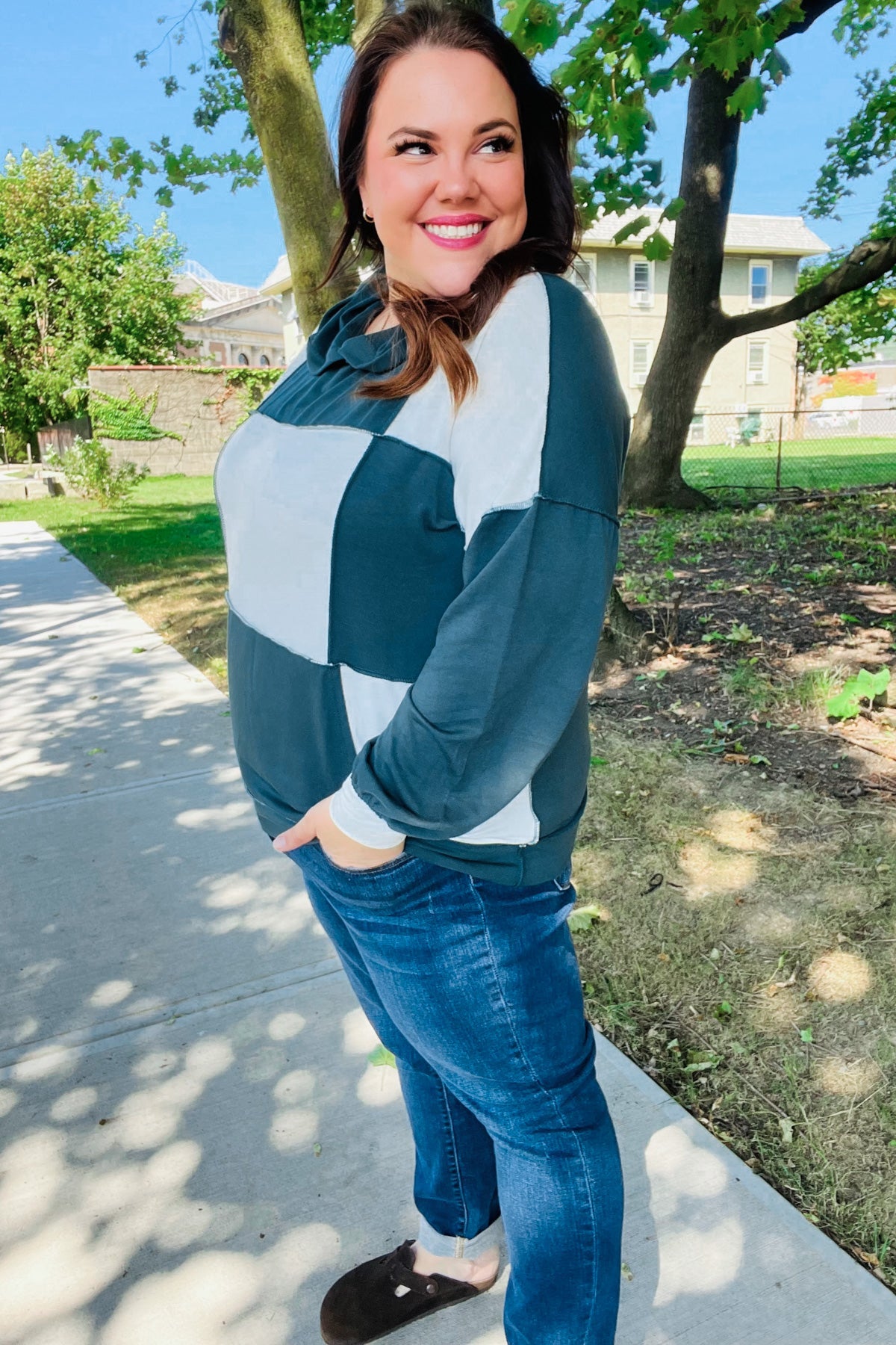 Heart Open Color Block Terry Knit Hoodie
