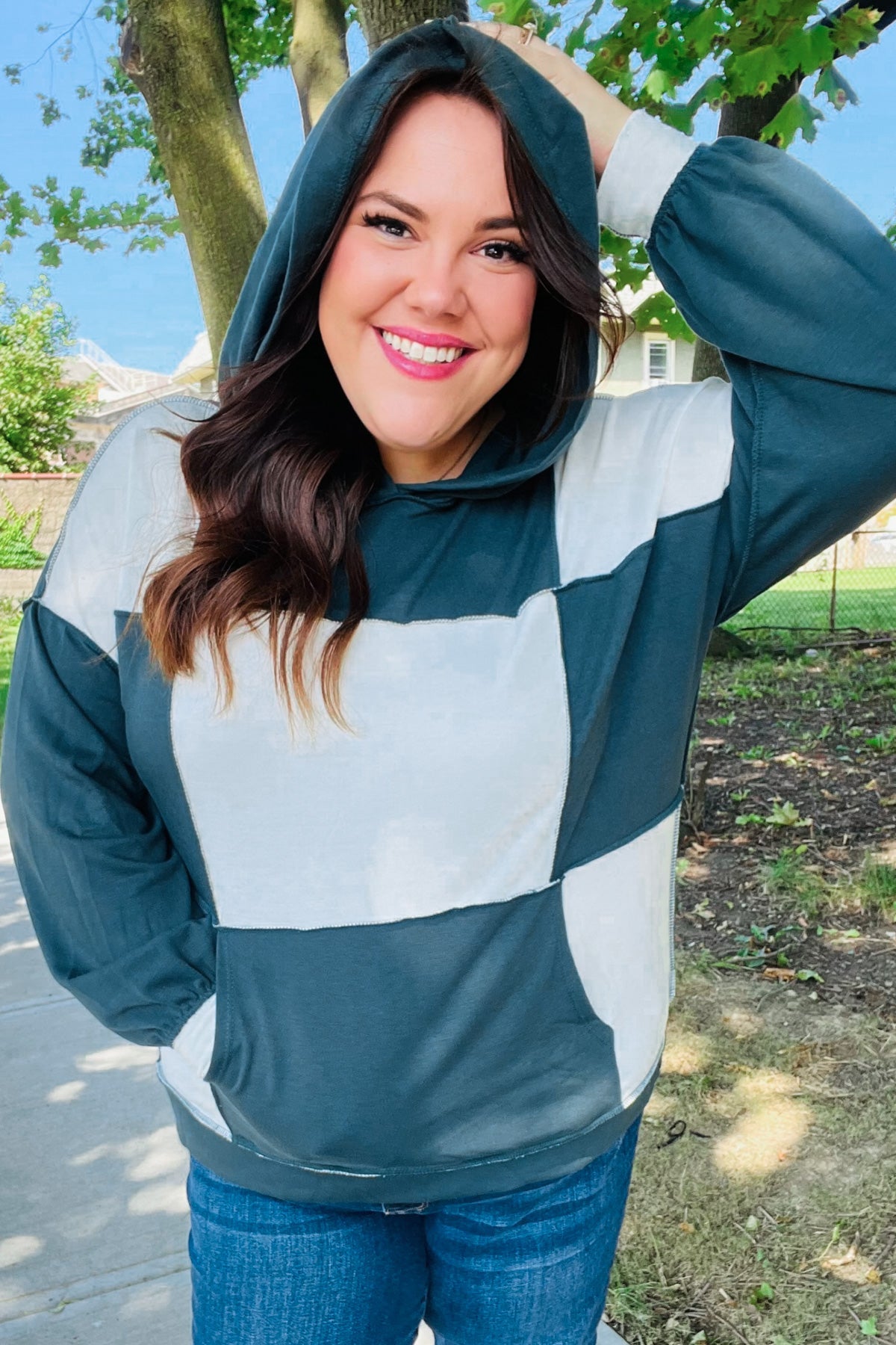 Heart Open Color Block Terry Knit Hoodie