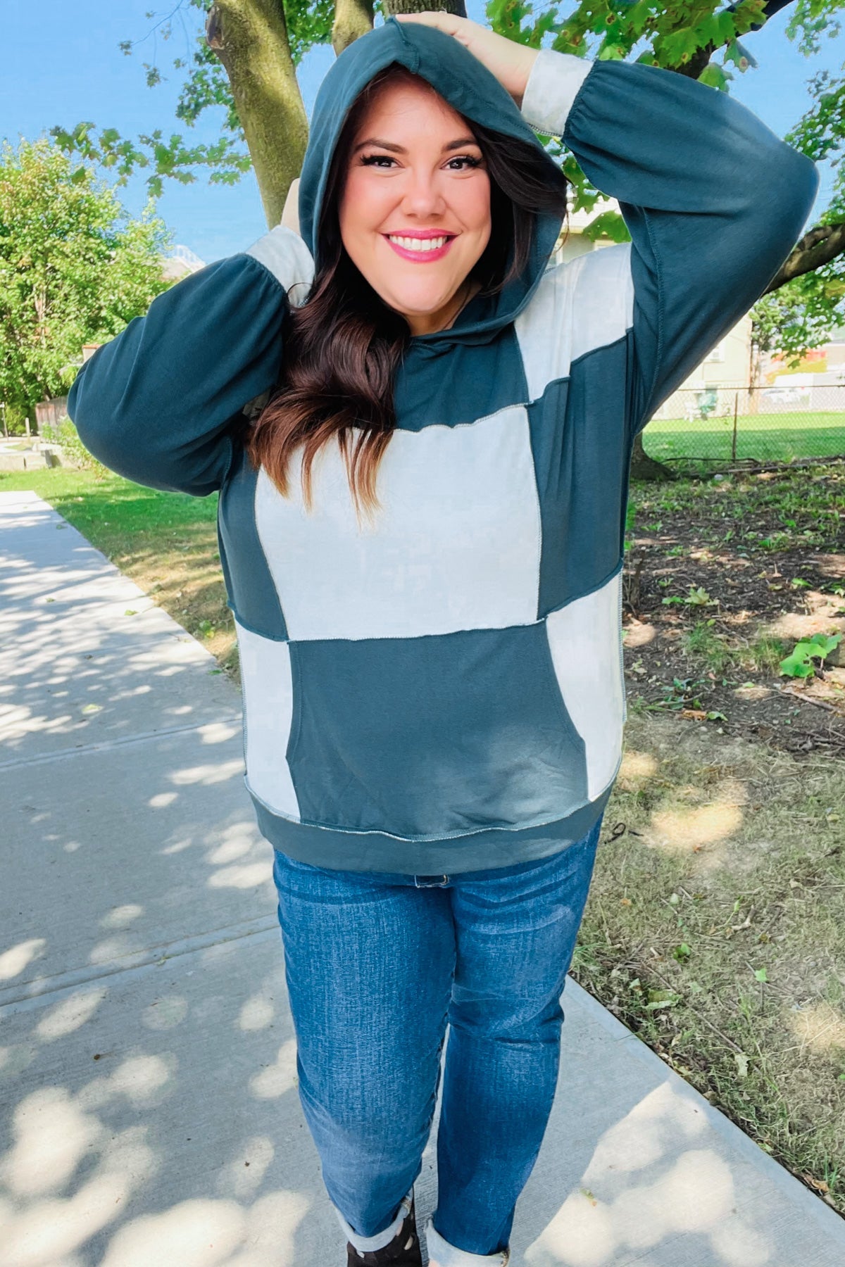 Heart Open Color Block Terry Knit Hoodie