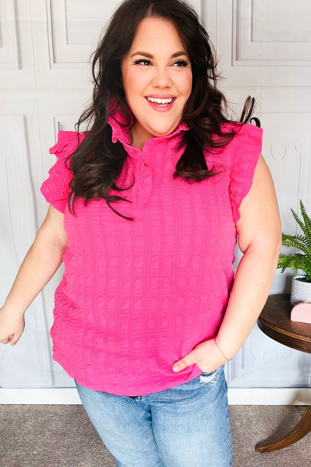 Can’t Compare Textured Ruffle Sleeve Top • Hot Pink