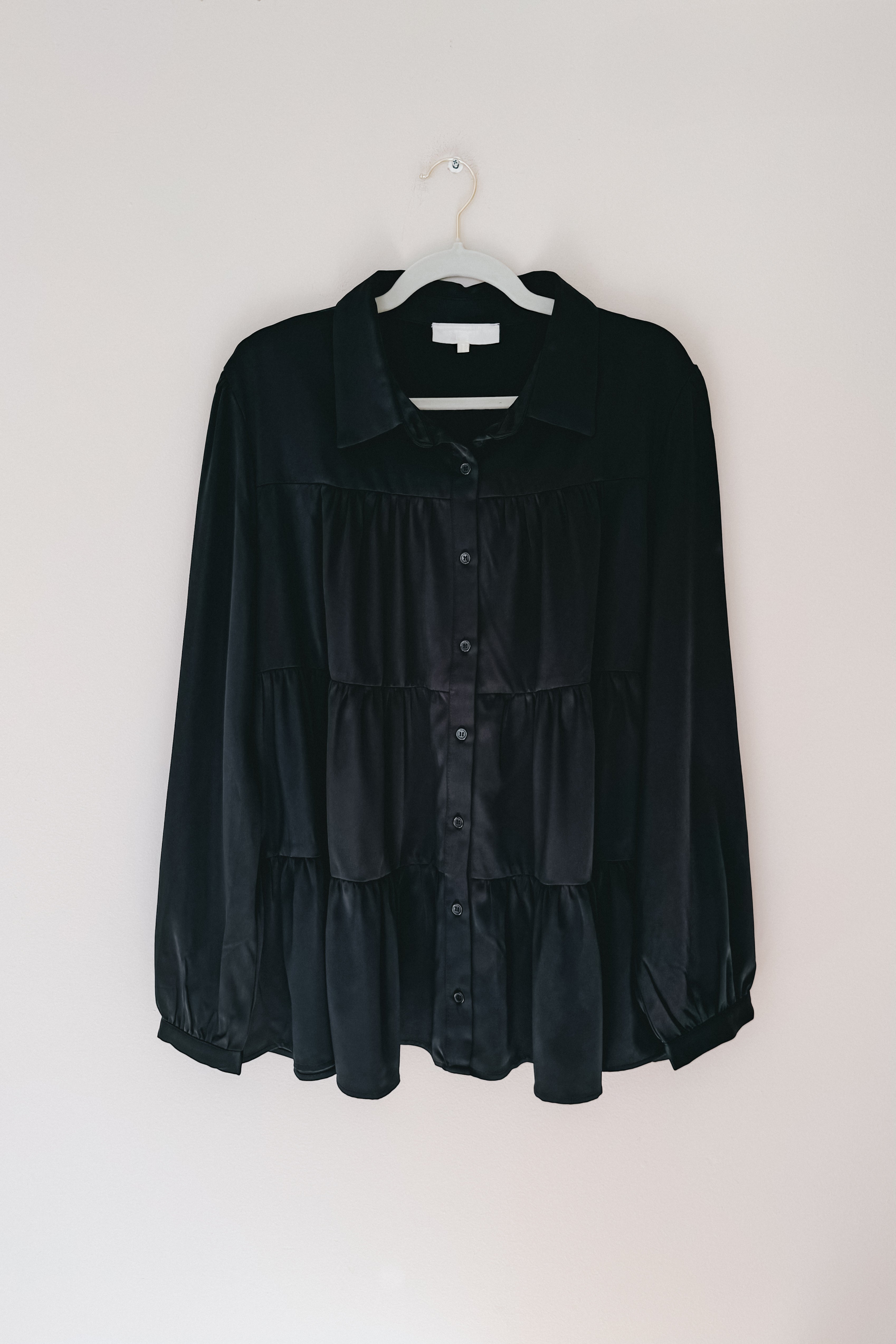 Need You Now Button Down Tiered Babydoll Satin Top • Black