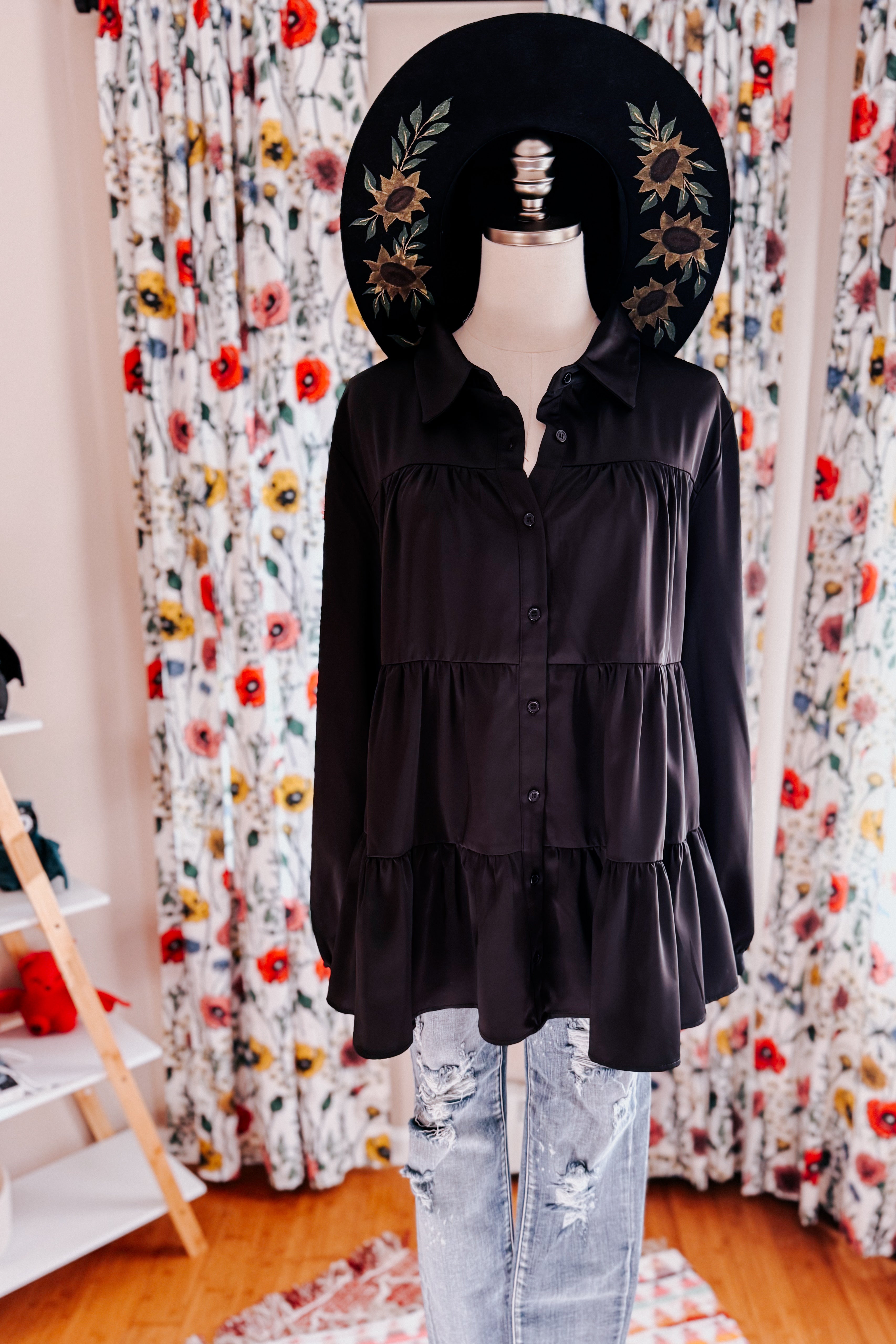 Need You Now Button Down Tiered Babydoll Satin Top • Black