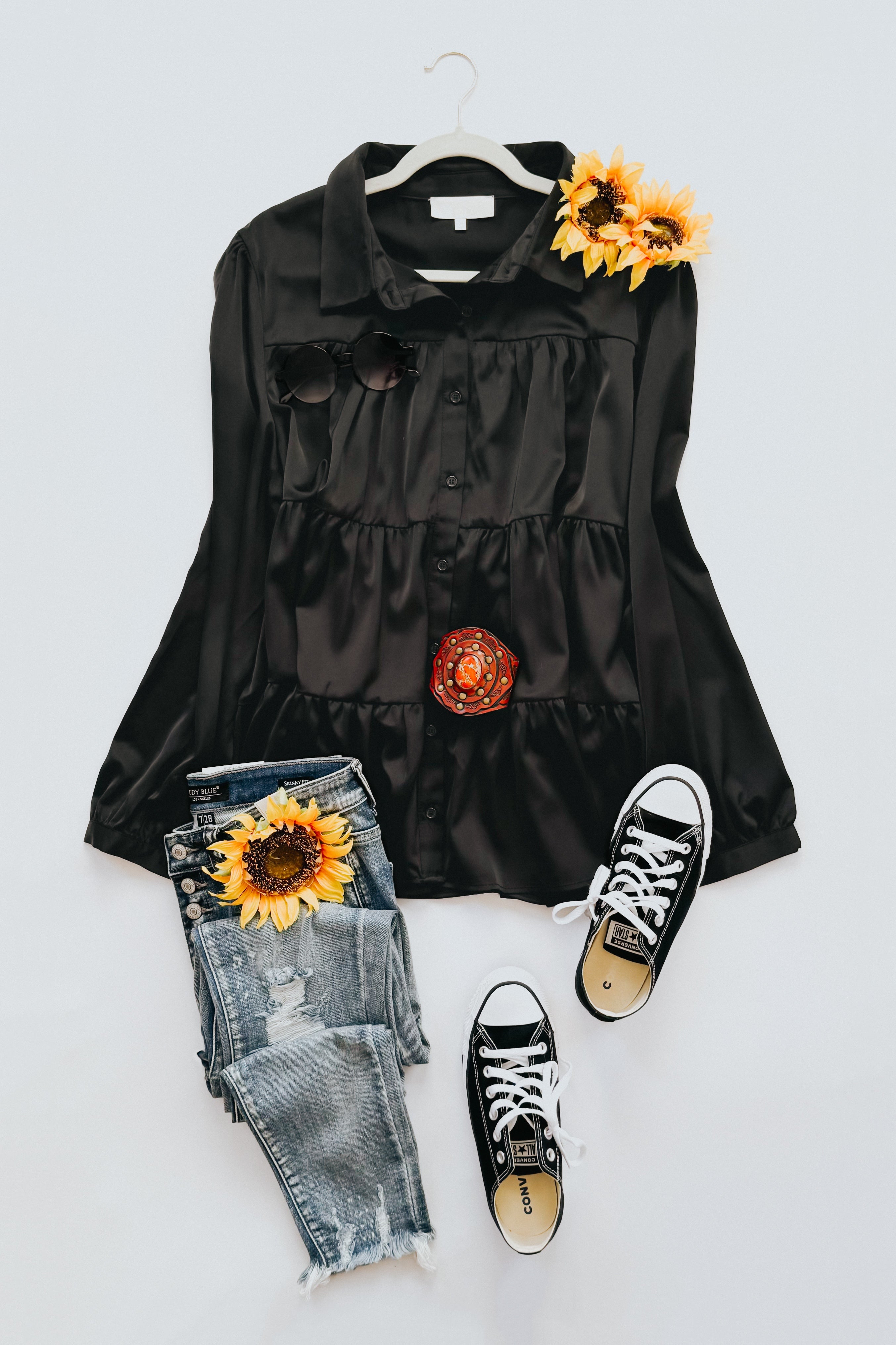 Need You Now Button Down Tiered Babydoll Satin Top • Black
