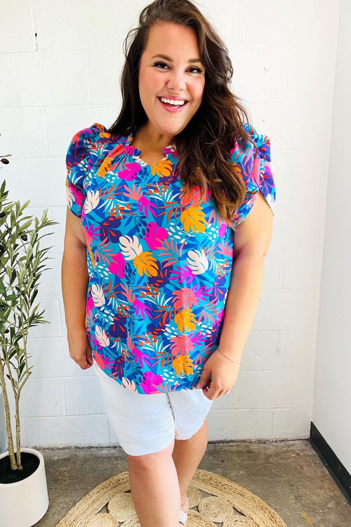 All For You Tropical Print Puff Sleeve Top