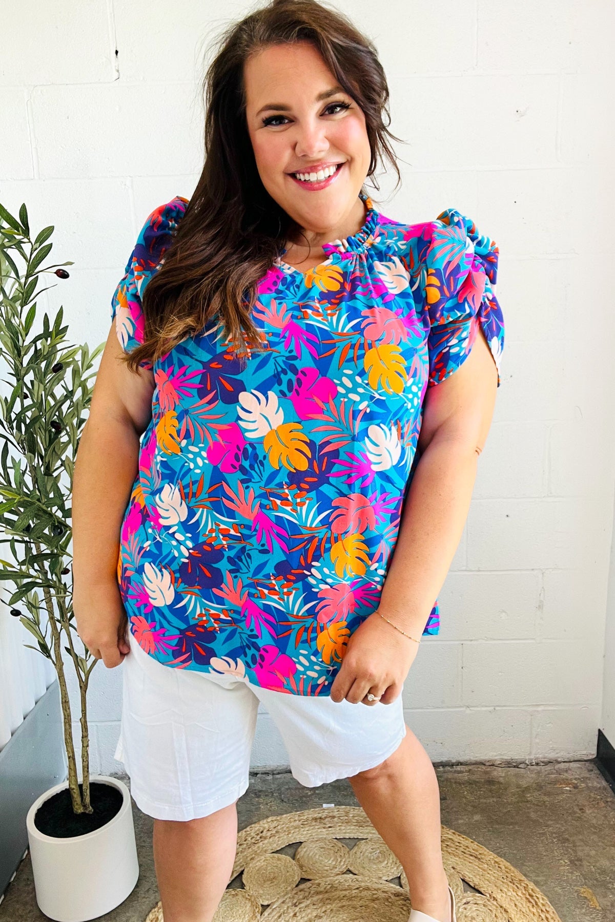 All For You Tropical Print Puff Sleeve Top
