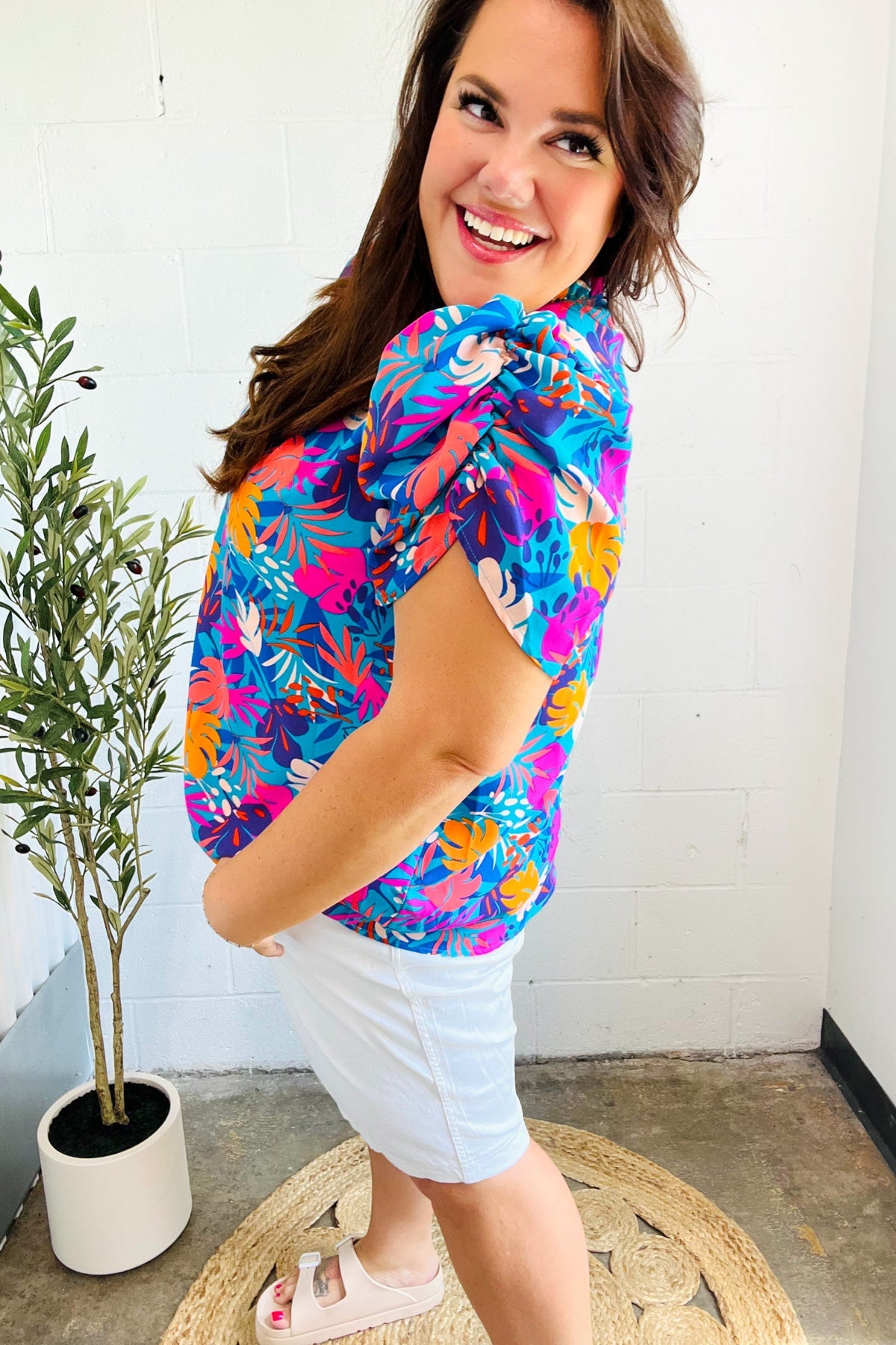 All For You Tropical Print Puff Sleeve Top