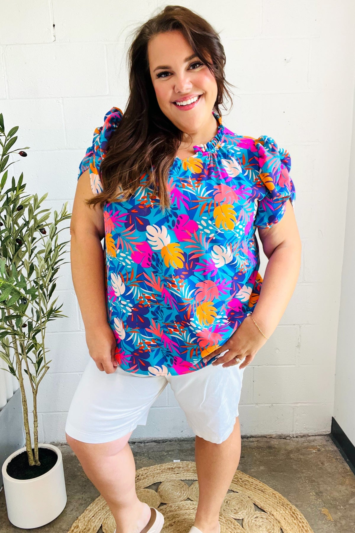 All For You Tropical Print Puff Sleeve Top