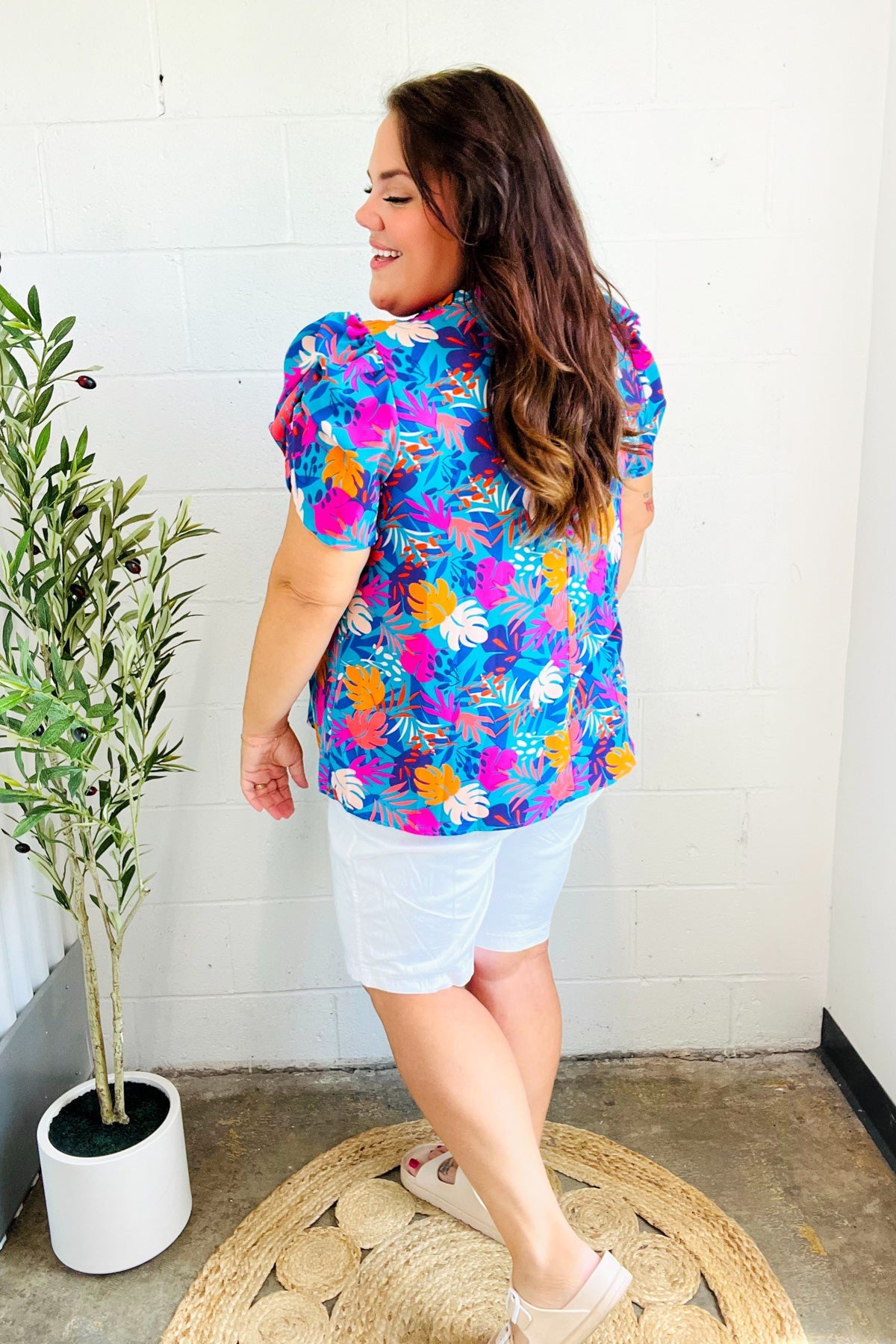 All For You Tropical Print Puff Sleeve Top