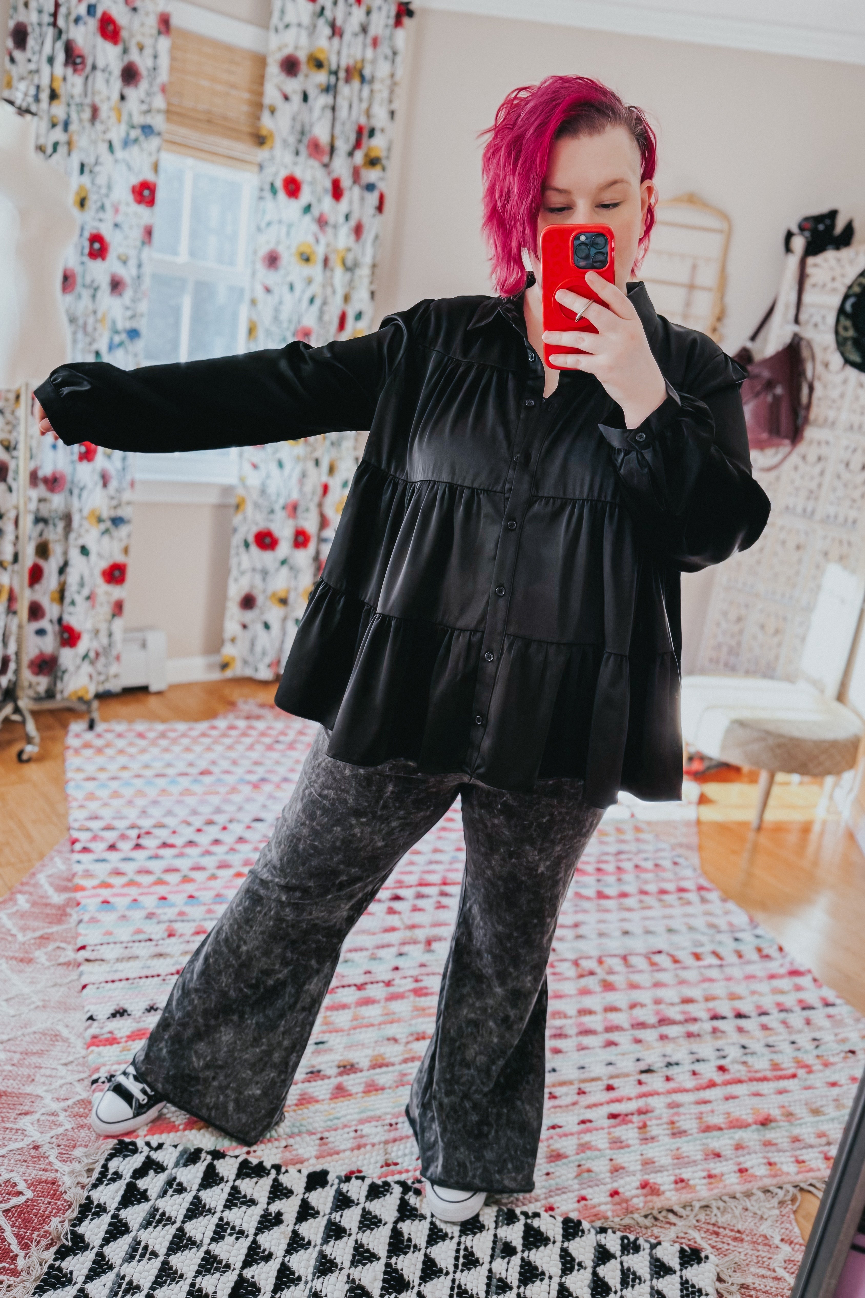Need You Now Button Down Tiered Babydoll Satin Top • Black