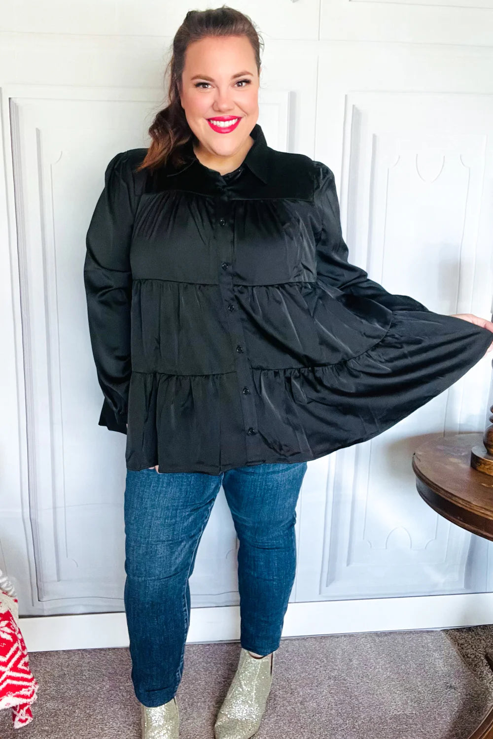 Need You Now Button Down Tiered Babydoll Satin Top • Black