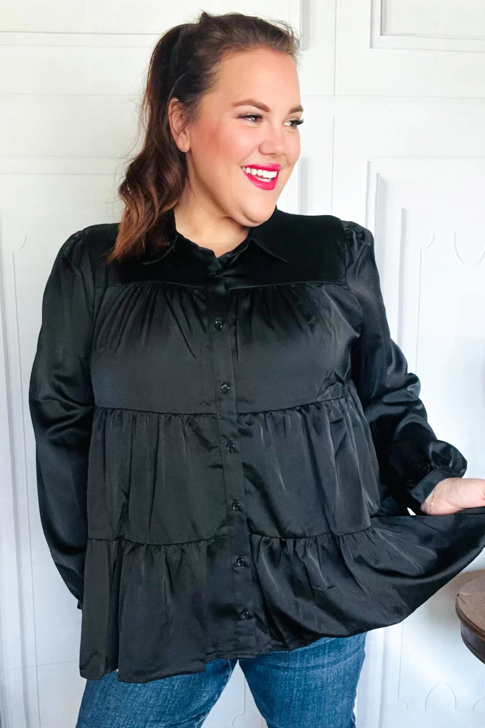 Need You Now Button Down Tiered Babydoll Satin Top • Black
