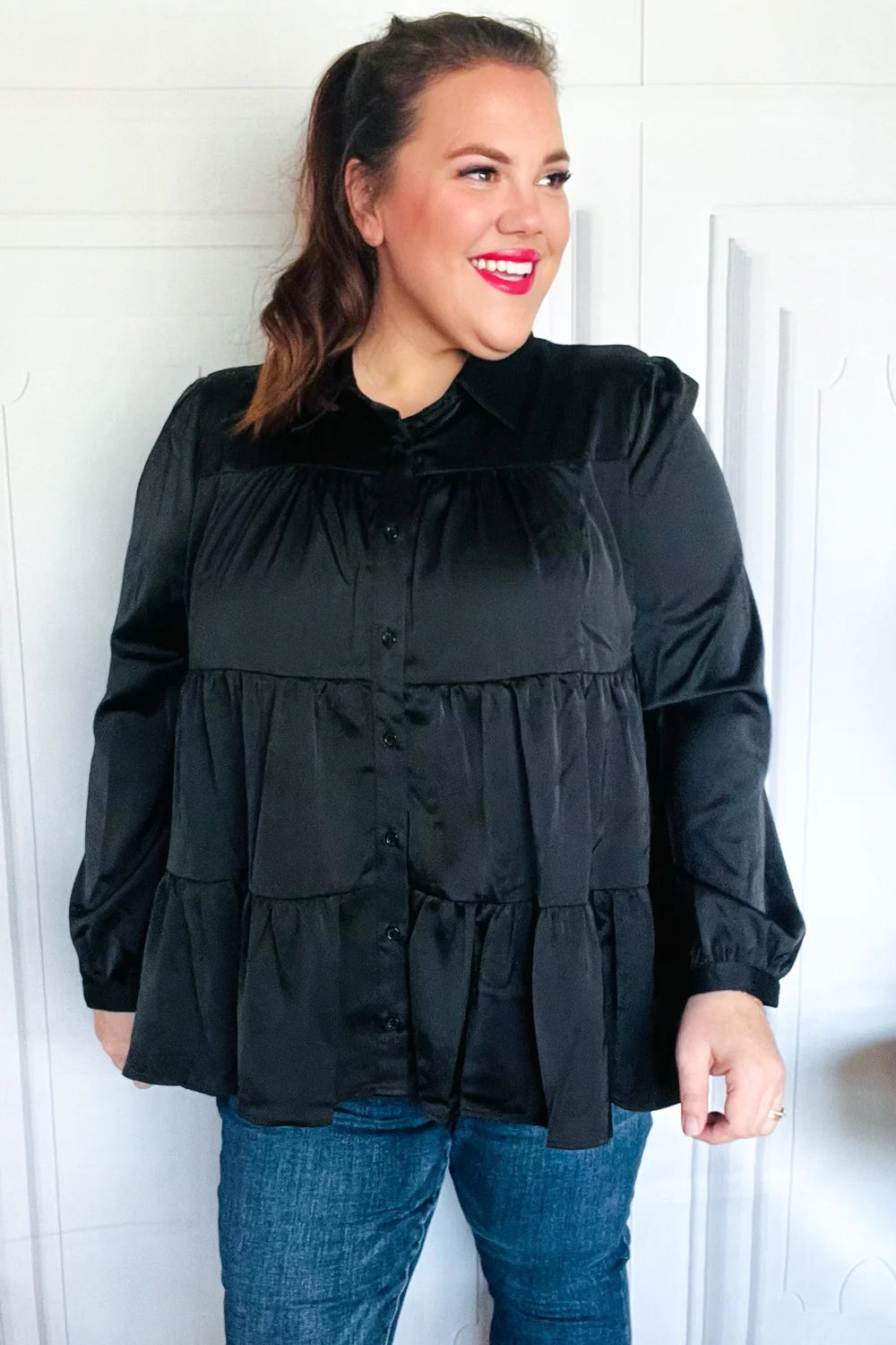 Need You Now Button Down Tiered Babydoll Satin Top • Black