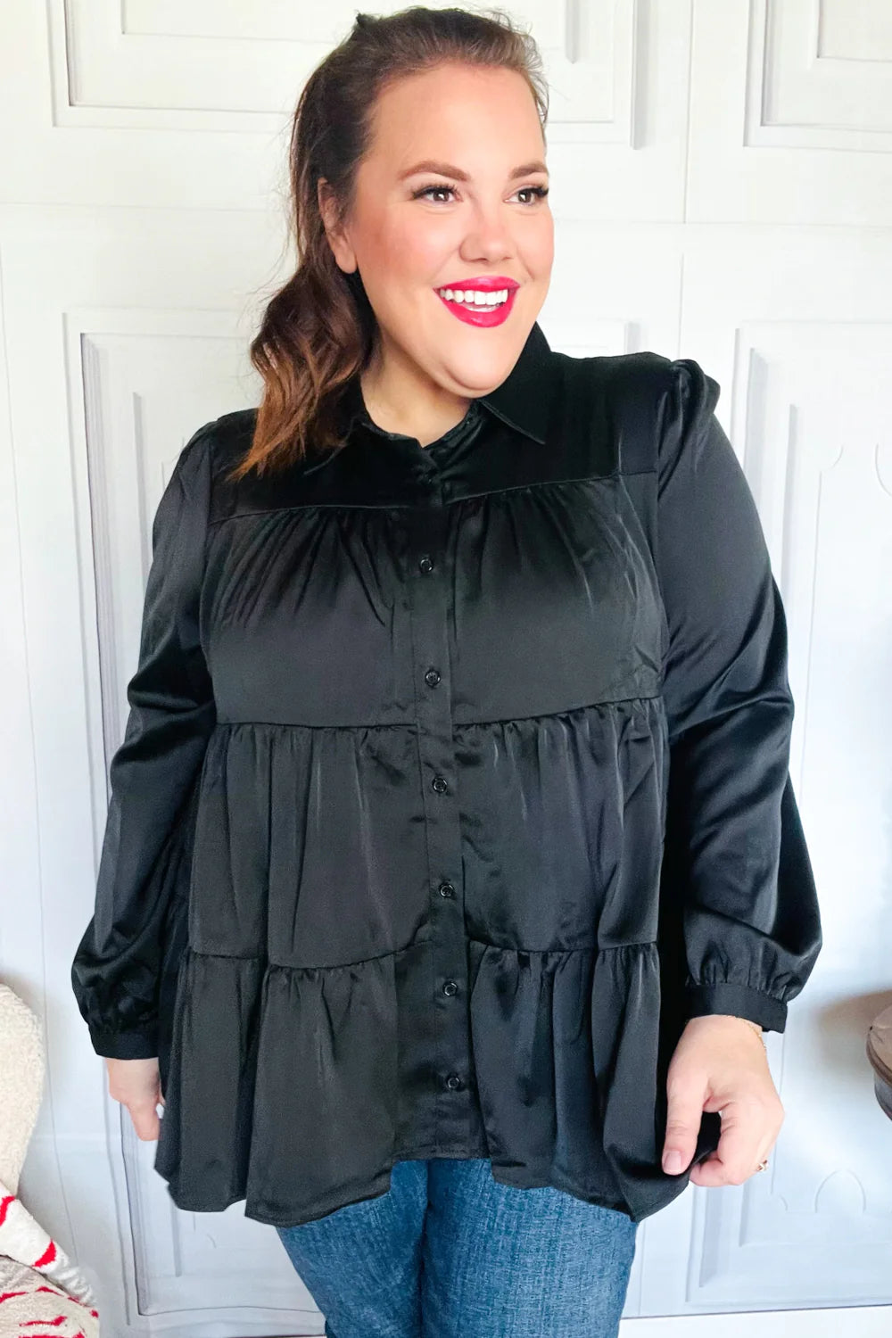 Need You Now Button Down Tiered Babydoll Satin Top • Black