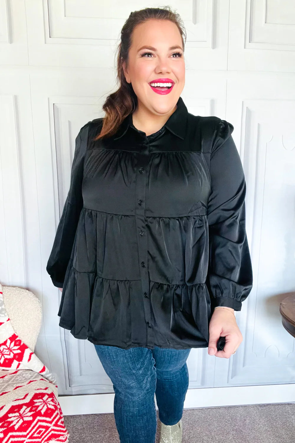 Need You Now Button Down Tiered Babydoll Satin Top • Black