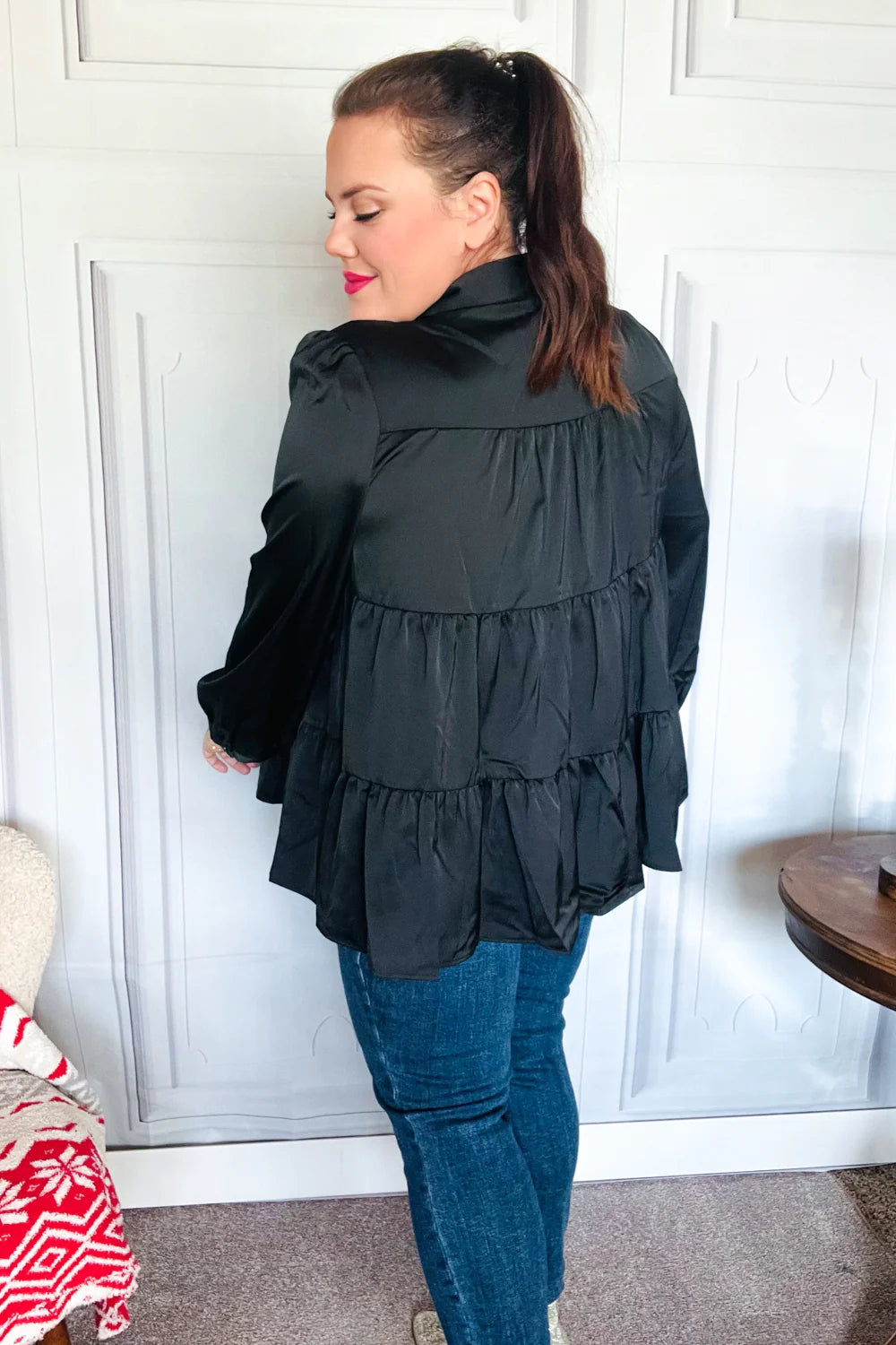 Need You Now Button Down Tiered Babydoll Satin Top • Black