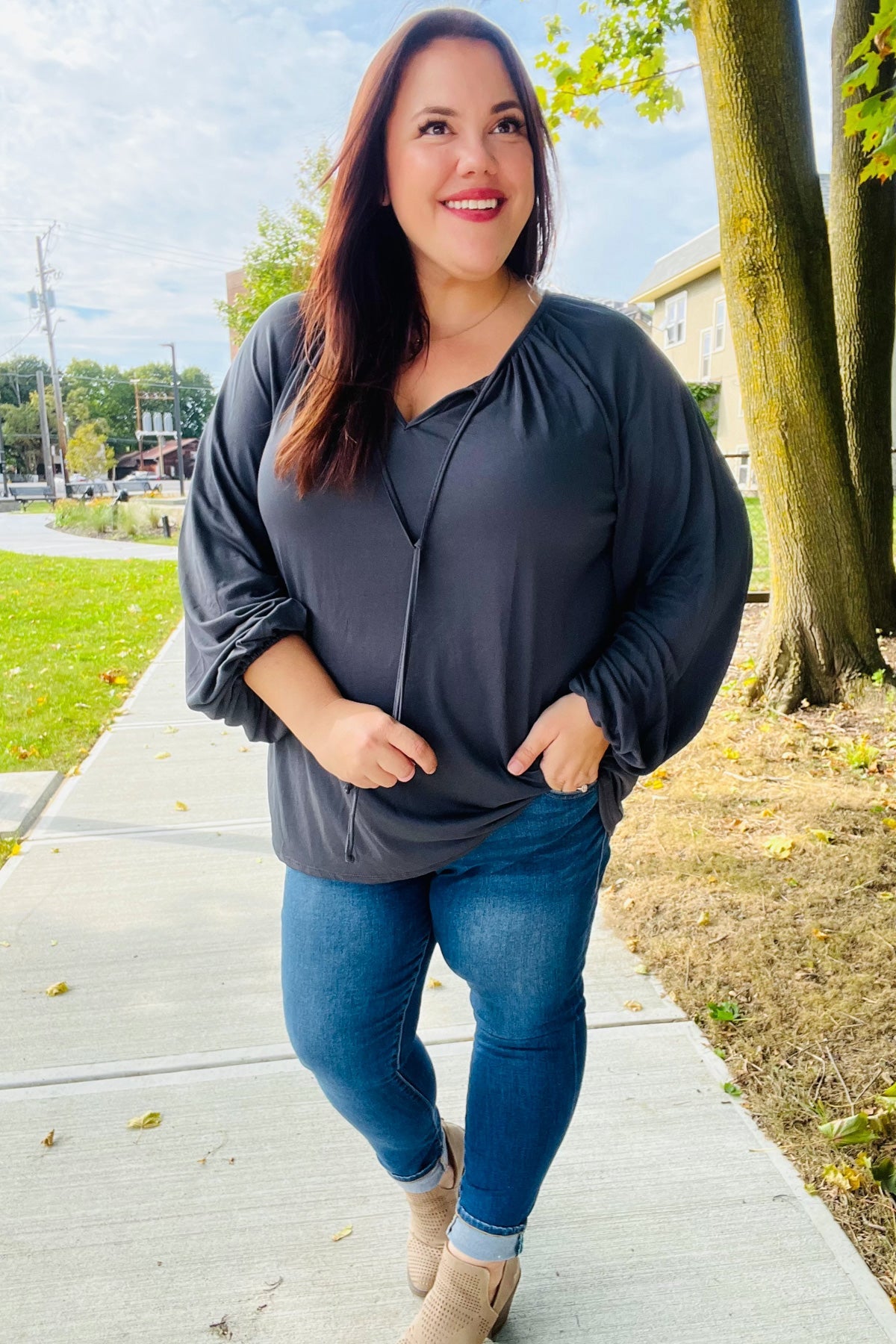 In The Sky Front Tie Modal Knit Peasant Top • Charcoal