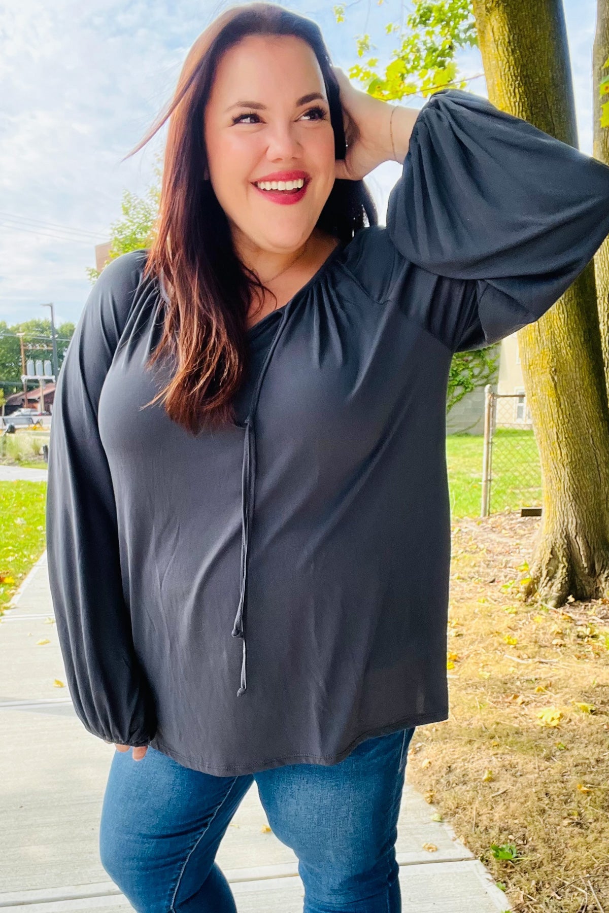 In The Sky Front Tie Modal Knit Peasant Top • Charcoal