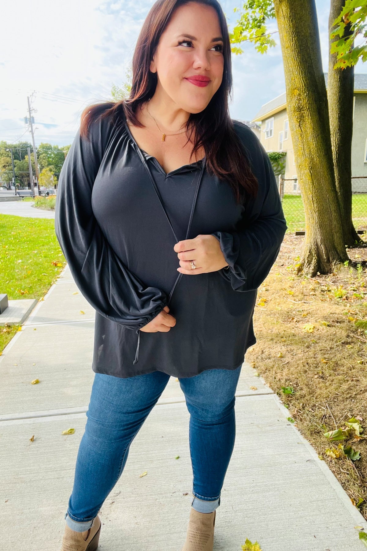 In The Sky Front Tie Modal Knit Peasant Top • Charcoal