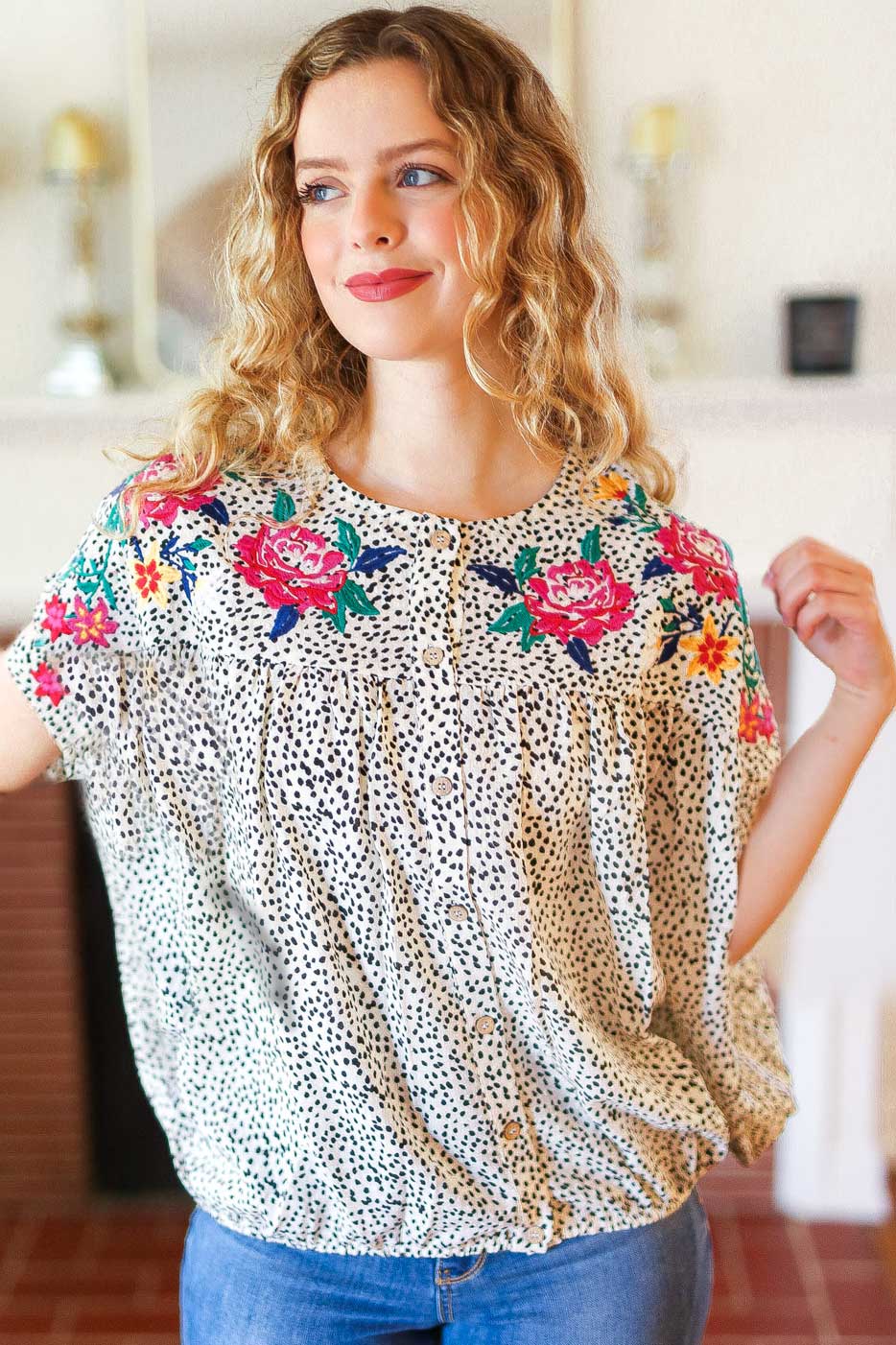 Perfectly Poised Animal Print Floral Embroidery Button Down Top