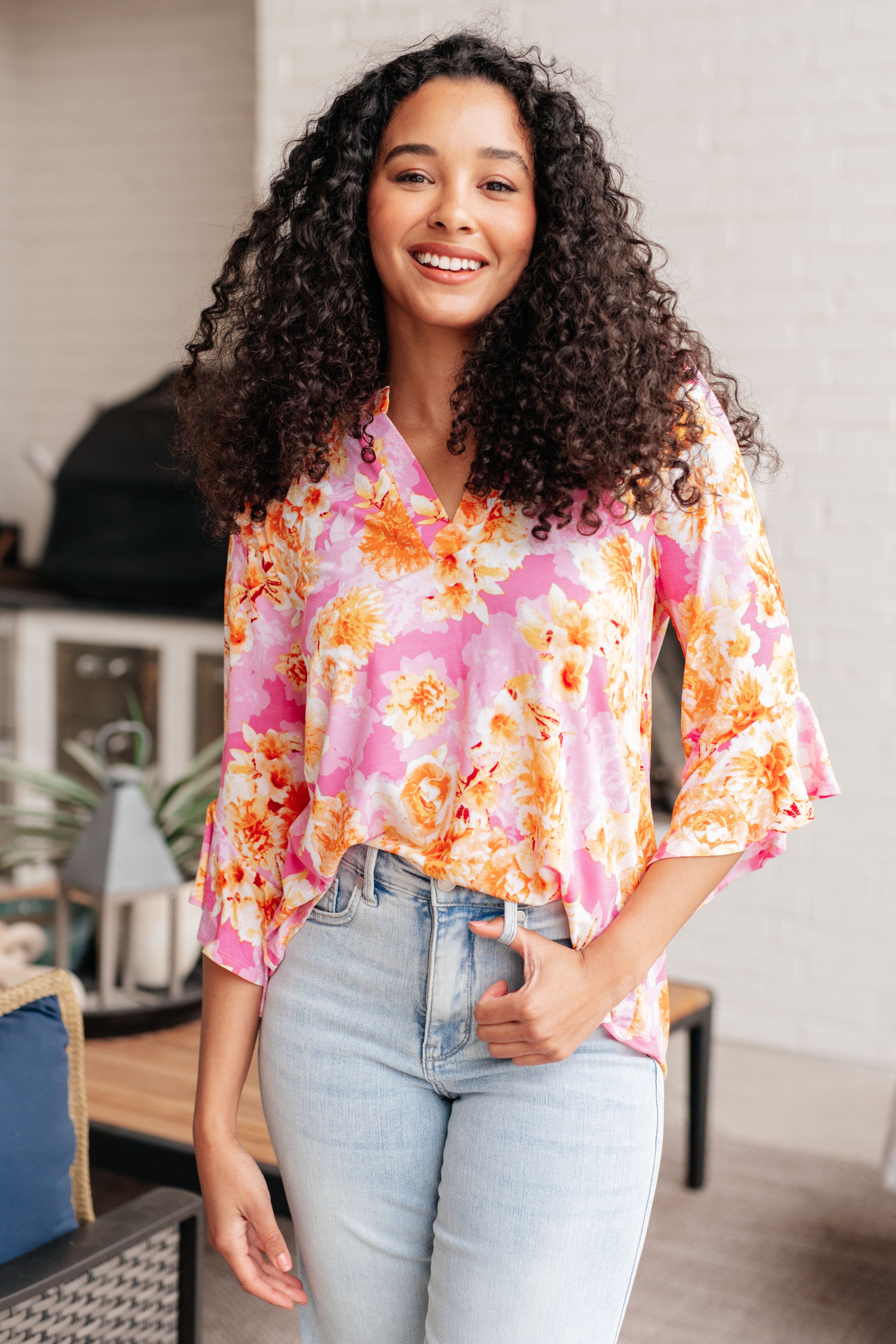 Lizzy Bell Sleeve Top • Pink and Gold Floral