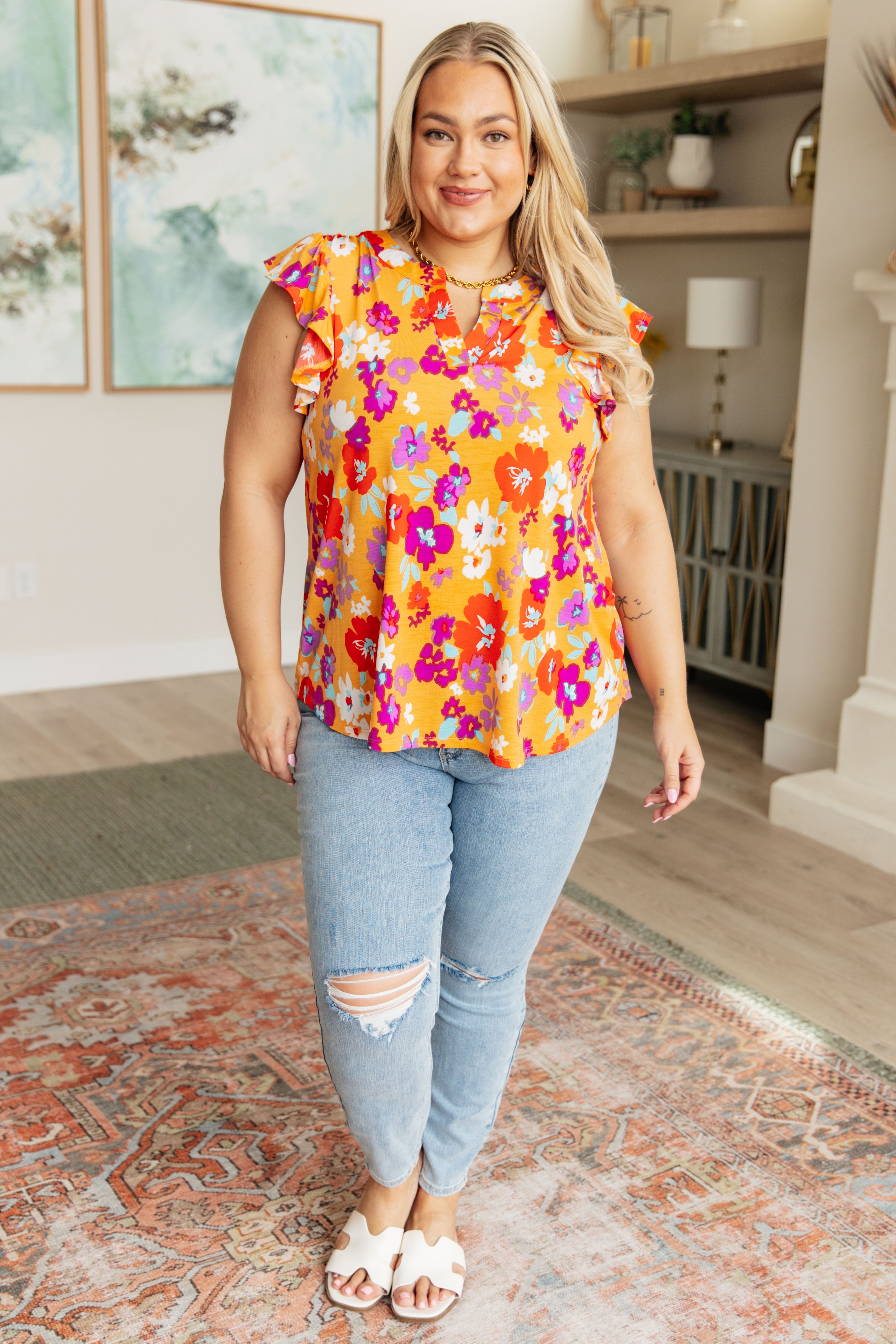 Lizzy Flutter Sleeve Top • Apricot and Red Floral